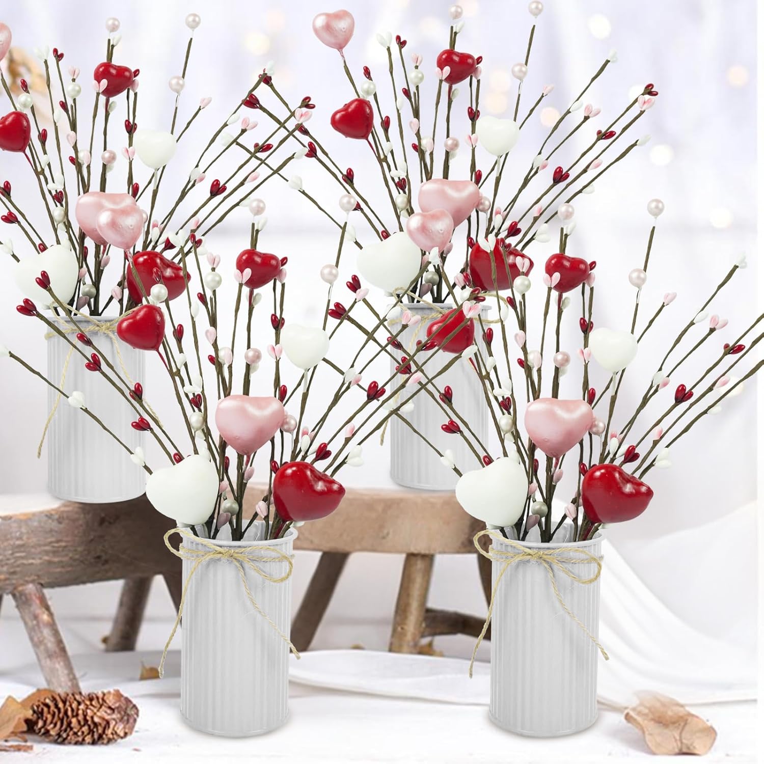 4 Pcs Artificial Valentines Day Flower Picks 12'' Fake Berry Floral Branches With Metal Pot Heart Shaped Stem Branches For Home Wedding Decor