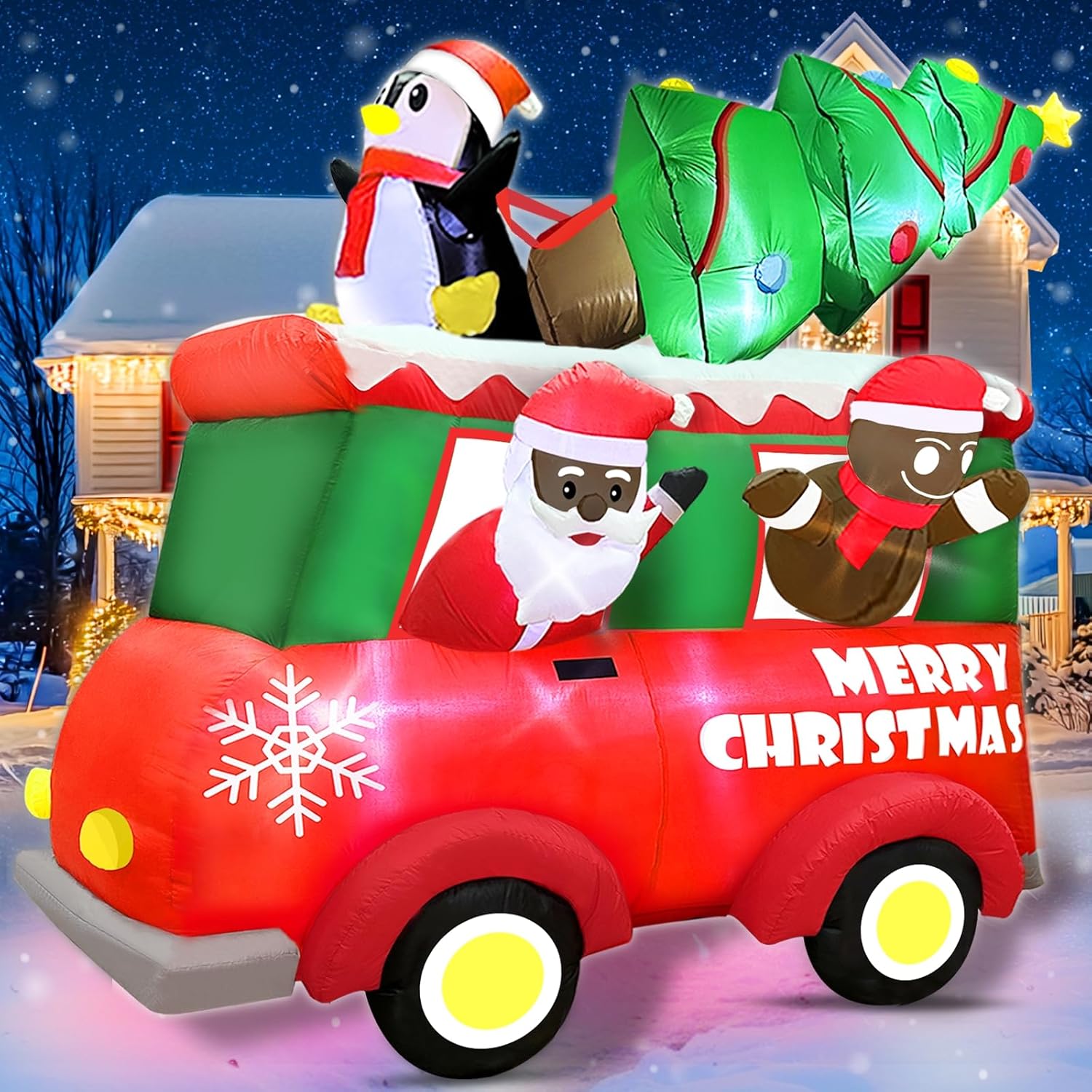8 Ft Tall 8 Ft Long Giant Christmas Inflatable Black Santa Claus In Truck Outdoor Decoration With Gingerbread Penguin Xm