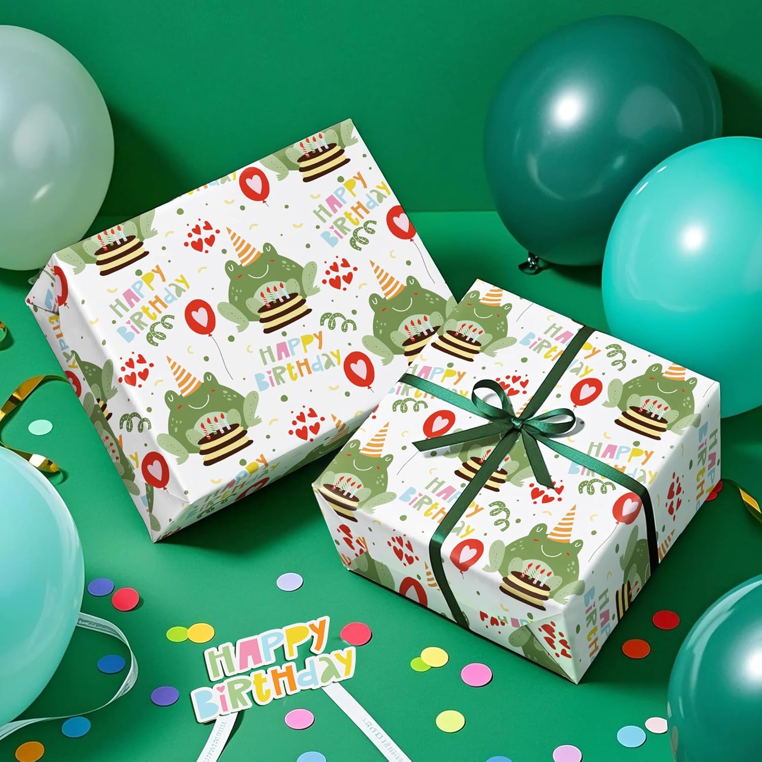 Frog Birthday Wrapping Paper Roll - Mini Roll - 17 Inch X 16.5 Feet - Happy Birthday And Cute Frog Wrapping Paper Perfect For Kids Boy Girl, Baby Shower