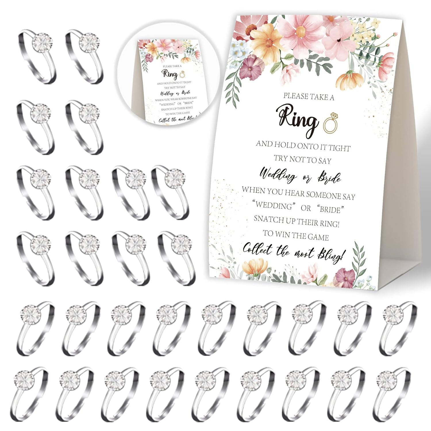 Put A Ring On It,Don'T Say Bride Or Wedding Game,Bridal Shower Games 50 Guests,Pink Floral Boho Bridal Shower Game,Engagement Party,Bachelorette Decorations For Party,Bridal Shower Favors-L11