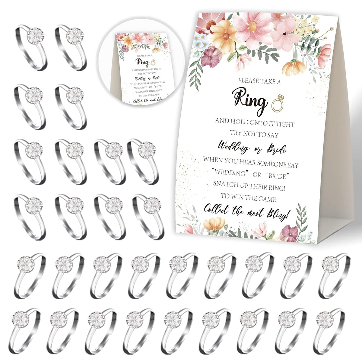 Put A Ring On It,Don'T Say Bride Or Wedding Game,Bridal Shower Games 50 Guests,Pink Floral Boho Bridal Shower Game,Engagement Party,Bachelorette Decorations For Party,Bridal Shower Favors-L11