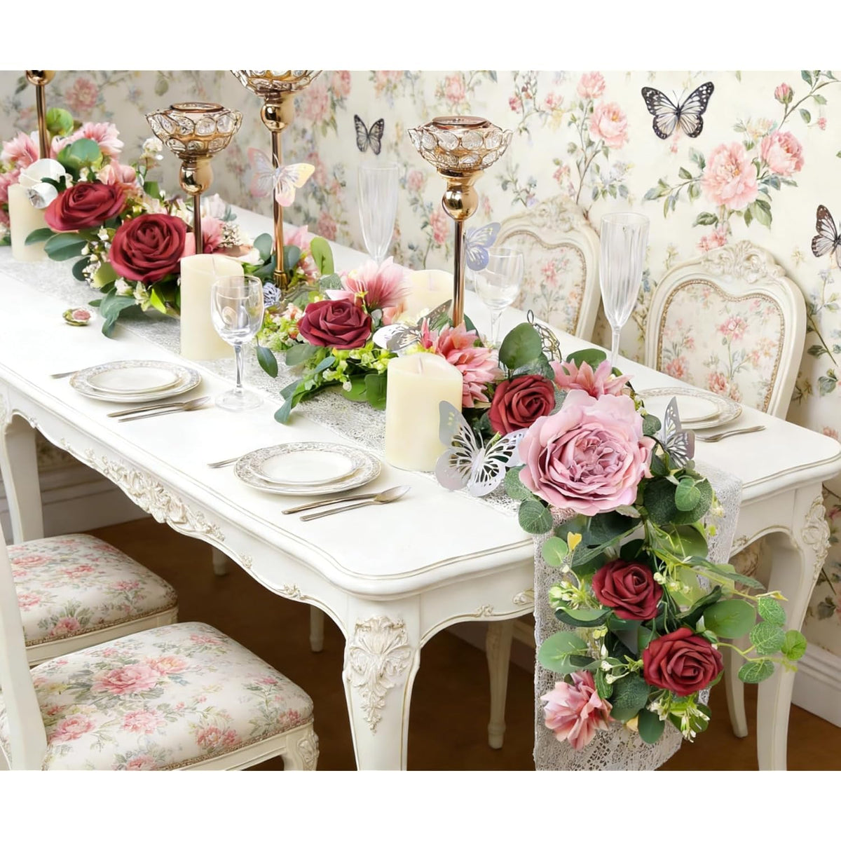 2Pcs 6Ft Artificial Flower Garland With 6 Decorative Plastic Butterflies, Fake Rose Flower Greenery Garland Floral Vines For Wedding Home Party Table Runner Wall Backdrop Decor (Red-2Pcs)