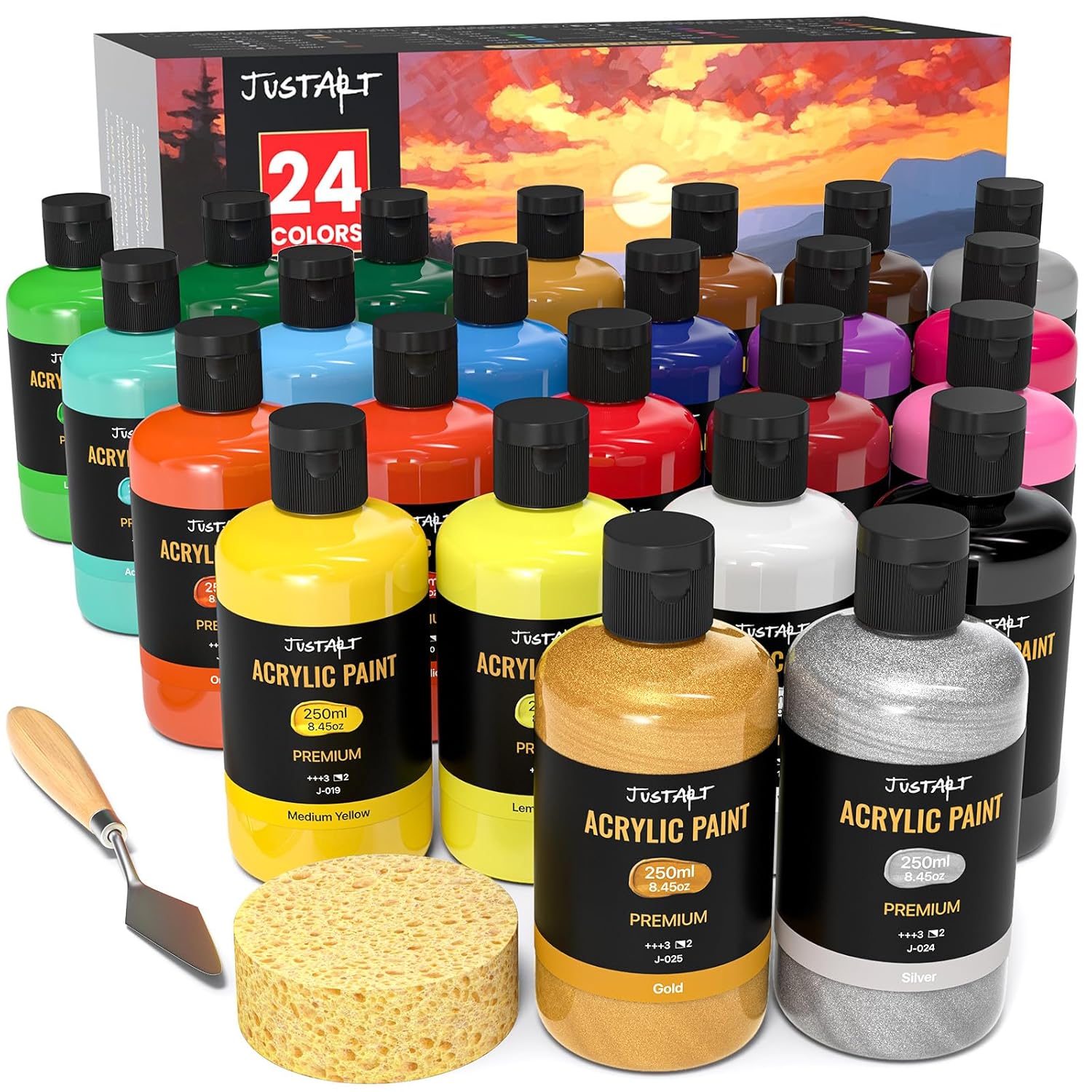 24 Colors Acrylic Paint Set, Including Gold And Silver, 8.45Oz(250Ml) Large Bottles Adult Artist Paints For Canvas, Crafts, Mural, Rocks, Clay, Fabric, Wood