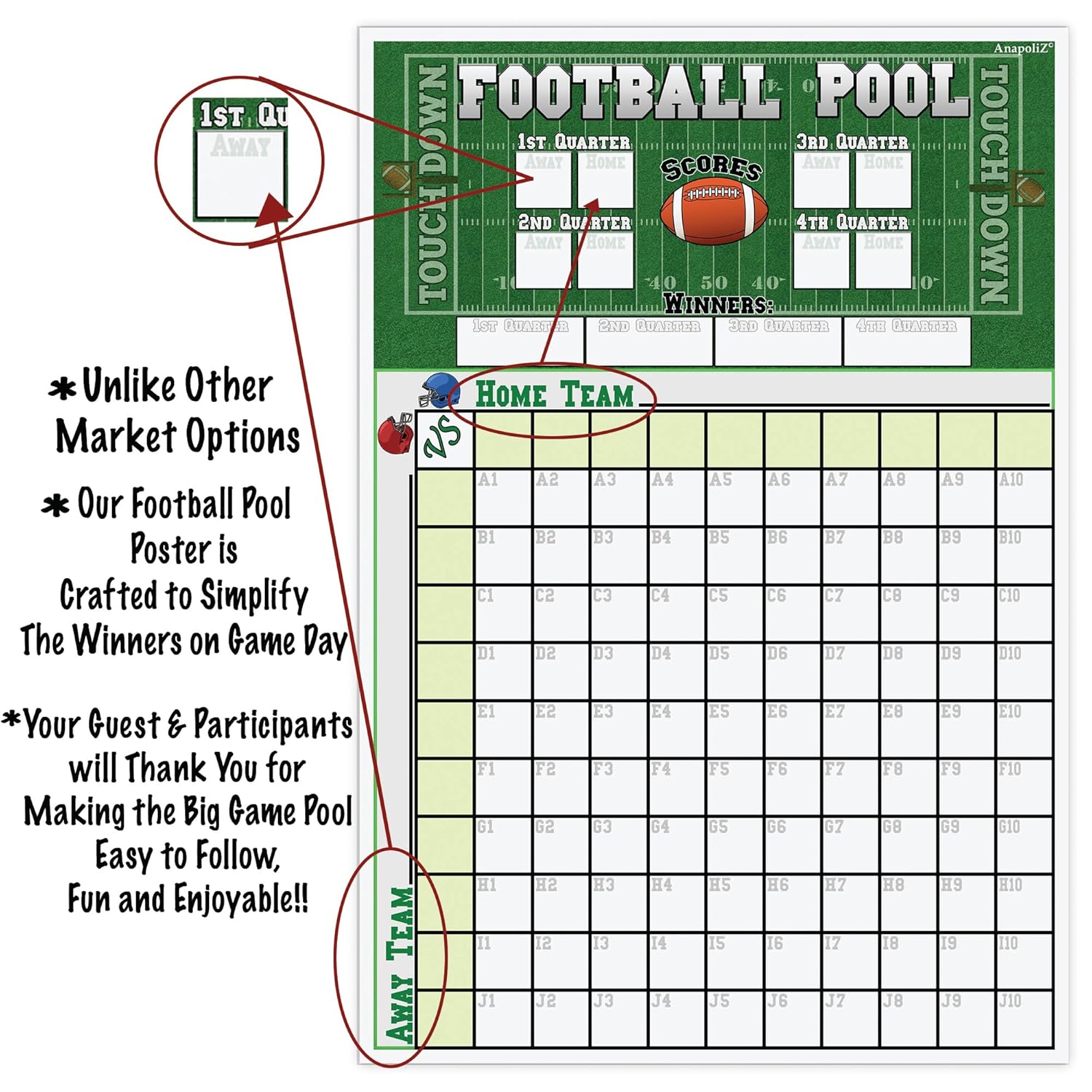 Football Squares Pool Board 2Pc Set | 13 X 19 Inch Large Size | Office Party Pool Poster | Big Game Party Decorations | Football Super Game Bowl Party Pool Poster (2)