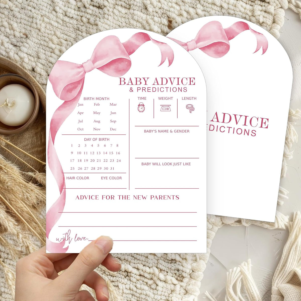 Pink Bow Baby Predictions And Advice Cards - 30Pcs Gender Reveal Games For Guests, 5 X 7 In Baby Shower Activities For Guests, Gender Neutral Decor Table Decorations For New Parents