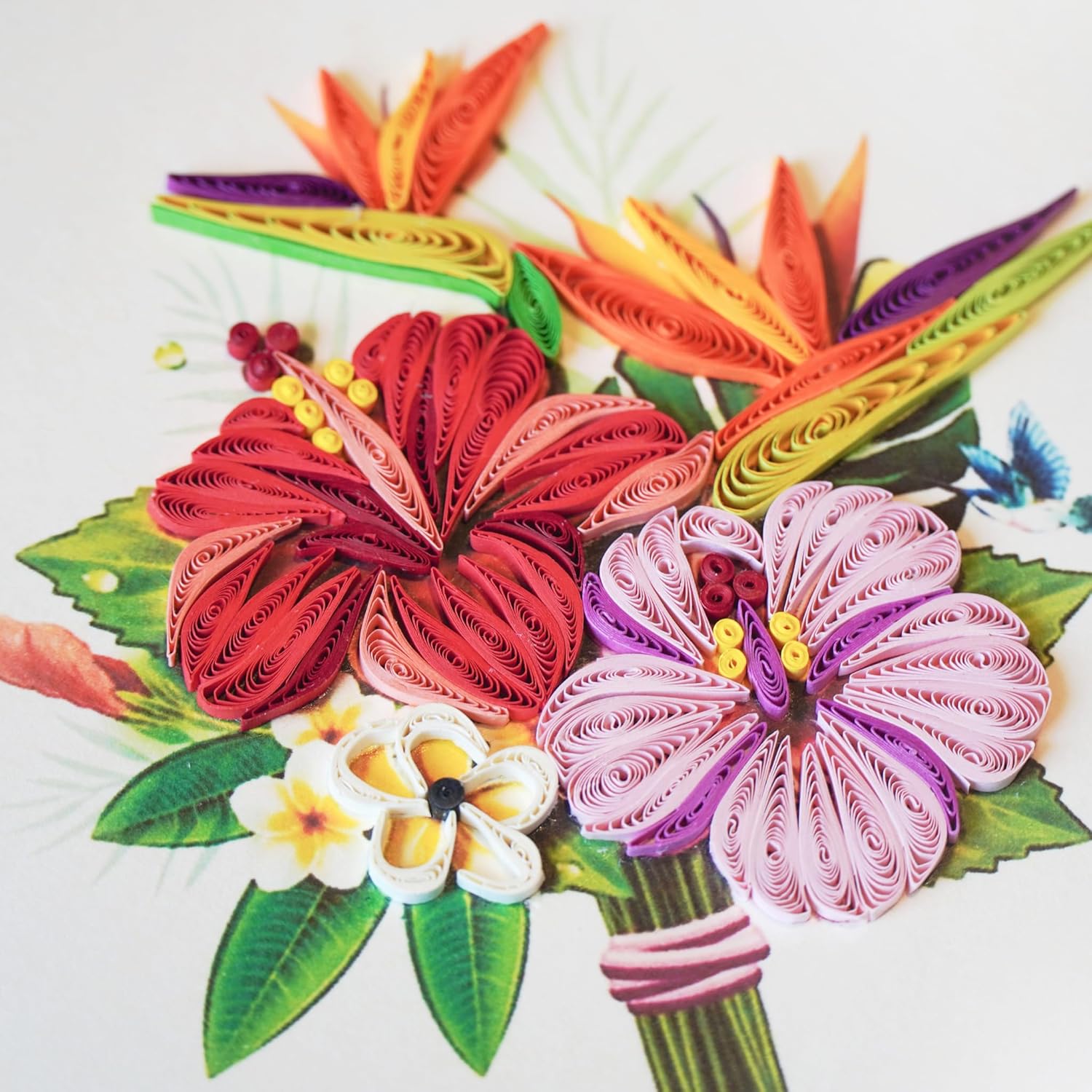 Unique Quilling Card - Tropical Hibiscus Bouquet Design | Handmade Greeting Card For Birthday, Anniversary, Christmas, Mother’S Day, Thank You, Friends & Loved Ones