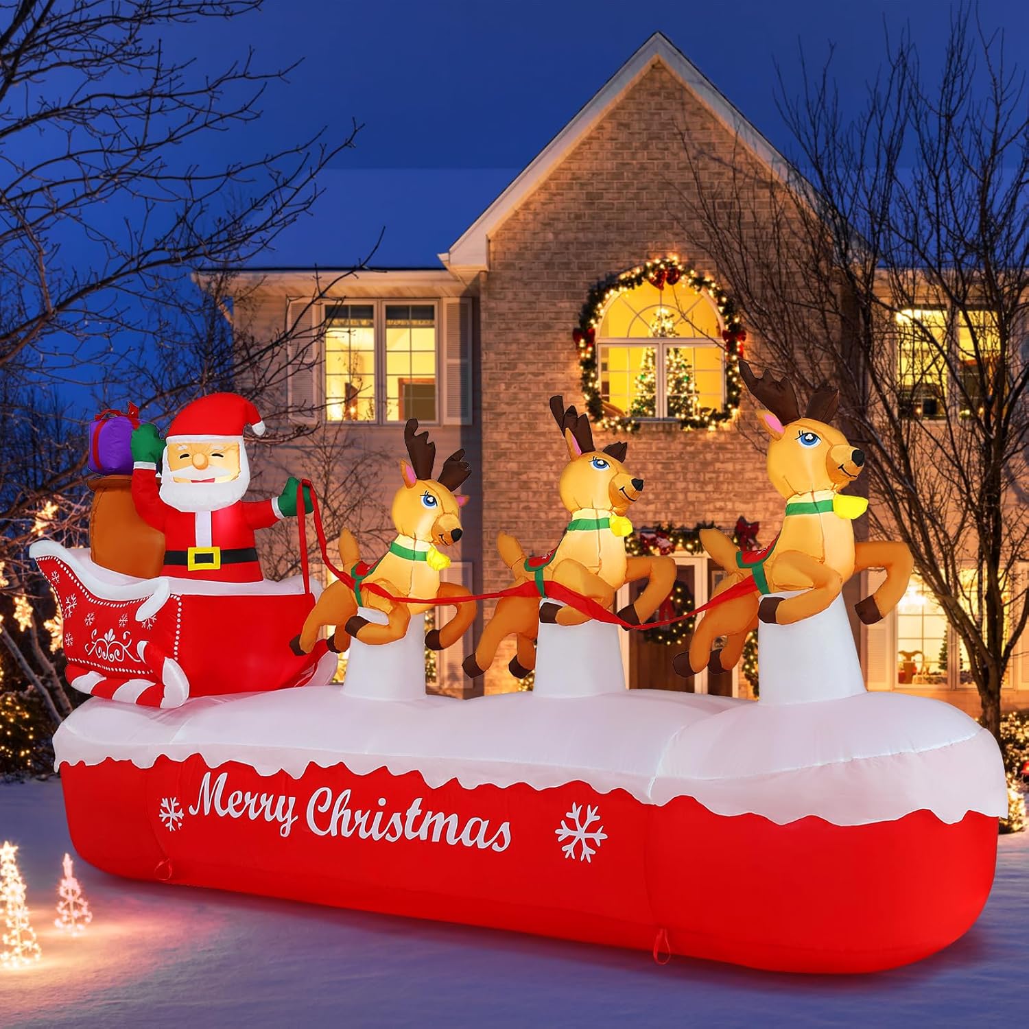 10 Ft Christmas Inflatables Outdoor Decorations Santa Claus On Sleigh, Blow Up Cute Elks Pulling Santa'S Inflatable Yard
