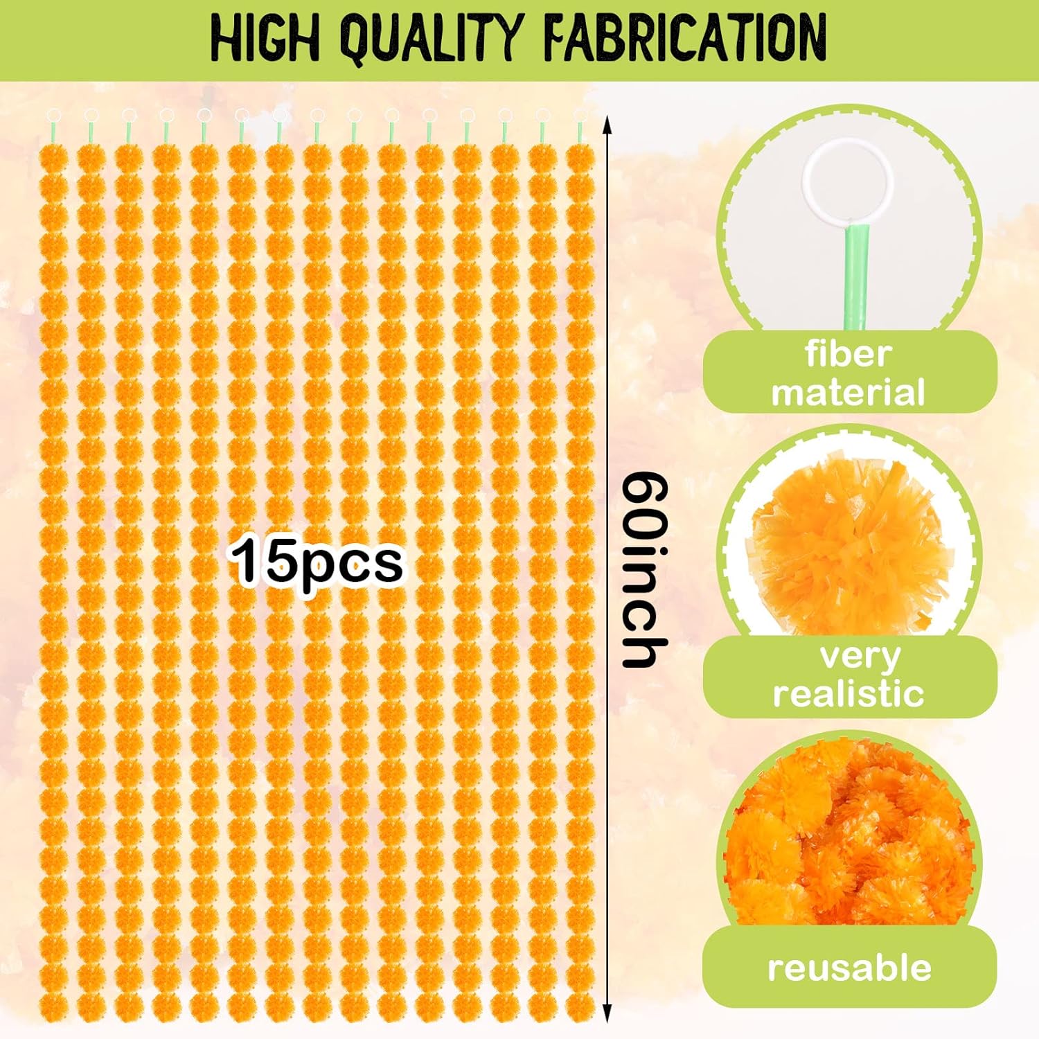 15 Pack Marigold Garland For Decoration 5 Ft Long Strands Faux Artificial Marigold Flowers For Dia De Los Muertos Diwali Indian Wedding Party Decorations(Light Orange)