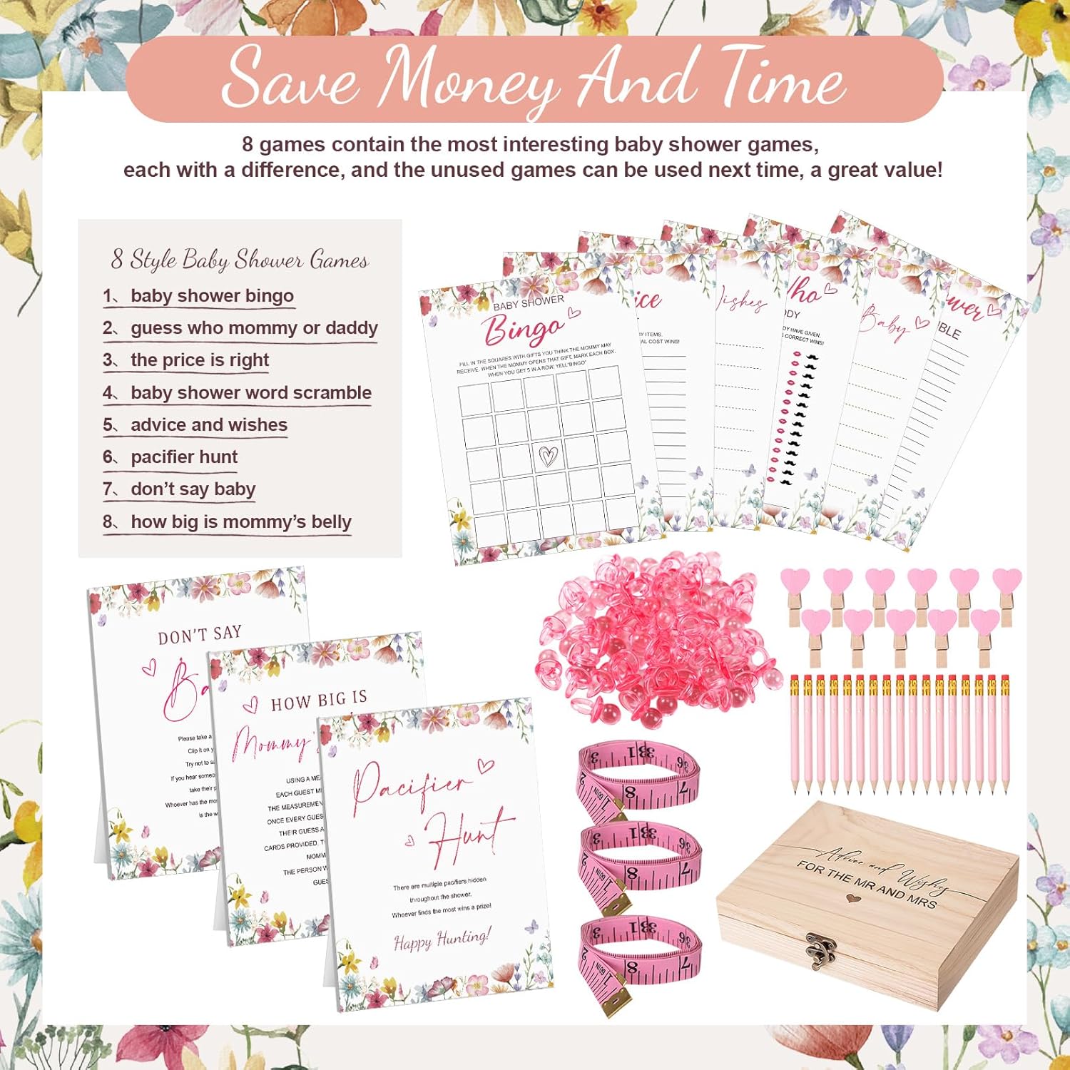 Baby Shower Games 8 Games Floral Theme Baby Shower Bingo, Price Is Right, Guess Who Mommy Or Daddy, Word Scramble Fun And Easy To Play Game Activity For Party Favors