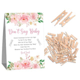 Don'T Say Baby Game For Baby Shower (One Sign With 50 Mini Clothespins), Floral Sign Blush Flower Baby Shower Sign, Baby In Bloom Decorations, Fun Baby Shower Games-Dsbb41