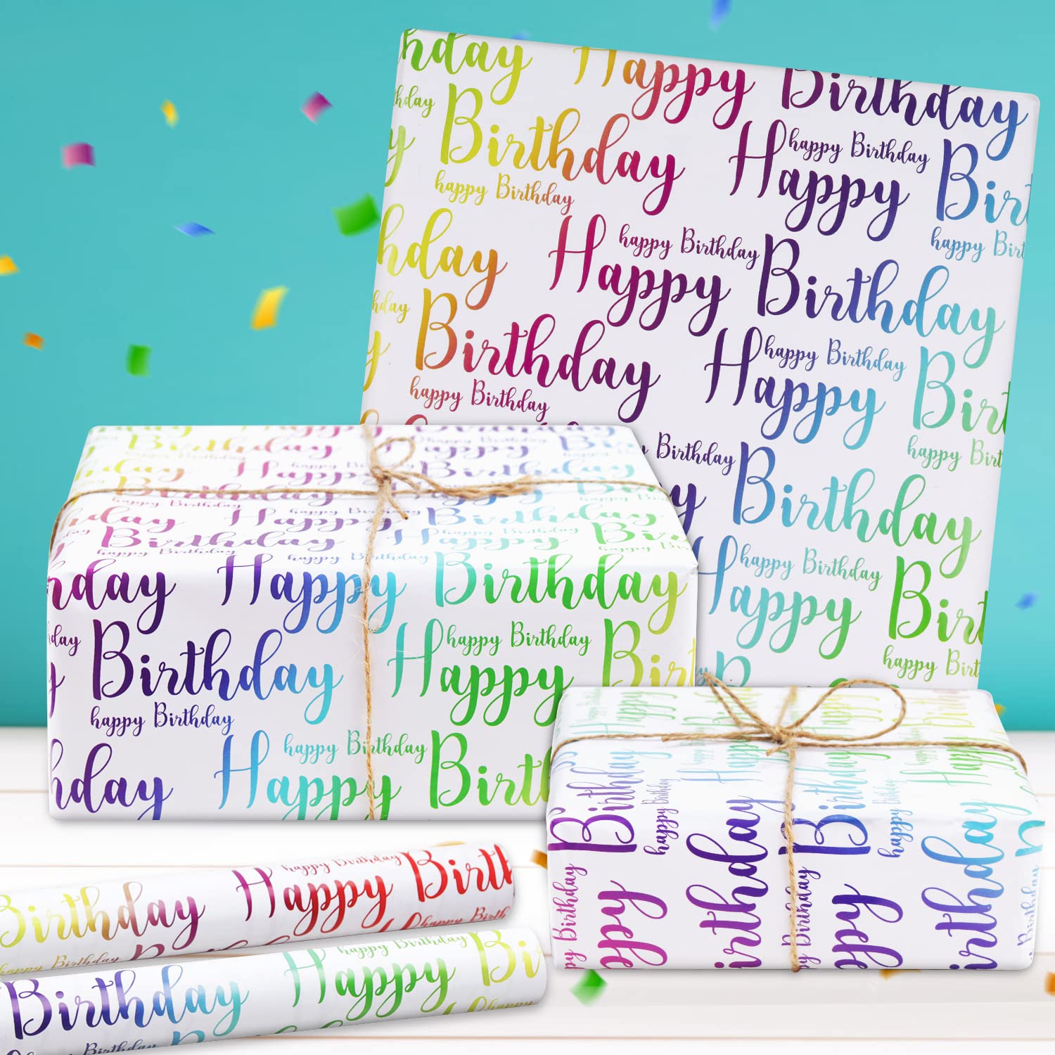 Happy Birthday Wrapping Paper, Gradient Bright Color, 7 Sheets Folded Flat 20X28 Inches Per Sheet For Occasion