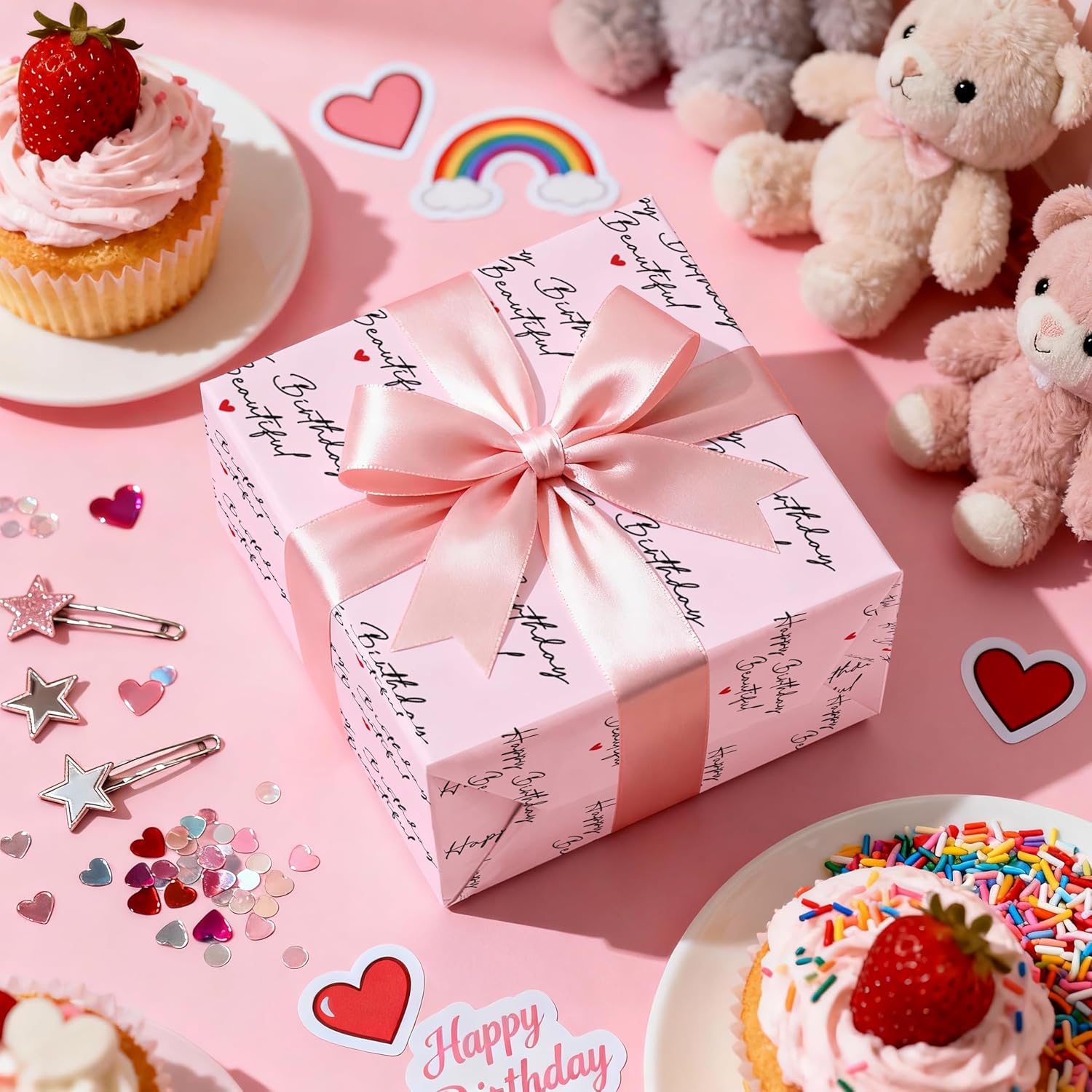 Happy Birthday Wrapping Paper Roll For Her – Pink Gift Wrap With “Happy Birthday Beautiful” Script & Heart Design, Perfect For Women, Wife, Girlfriend, Girls, Mini Roll 17 In X 16.4 Ft