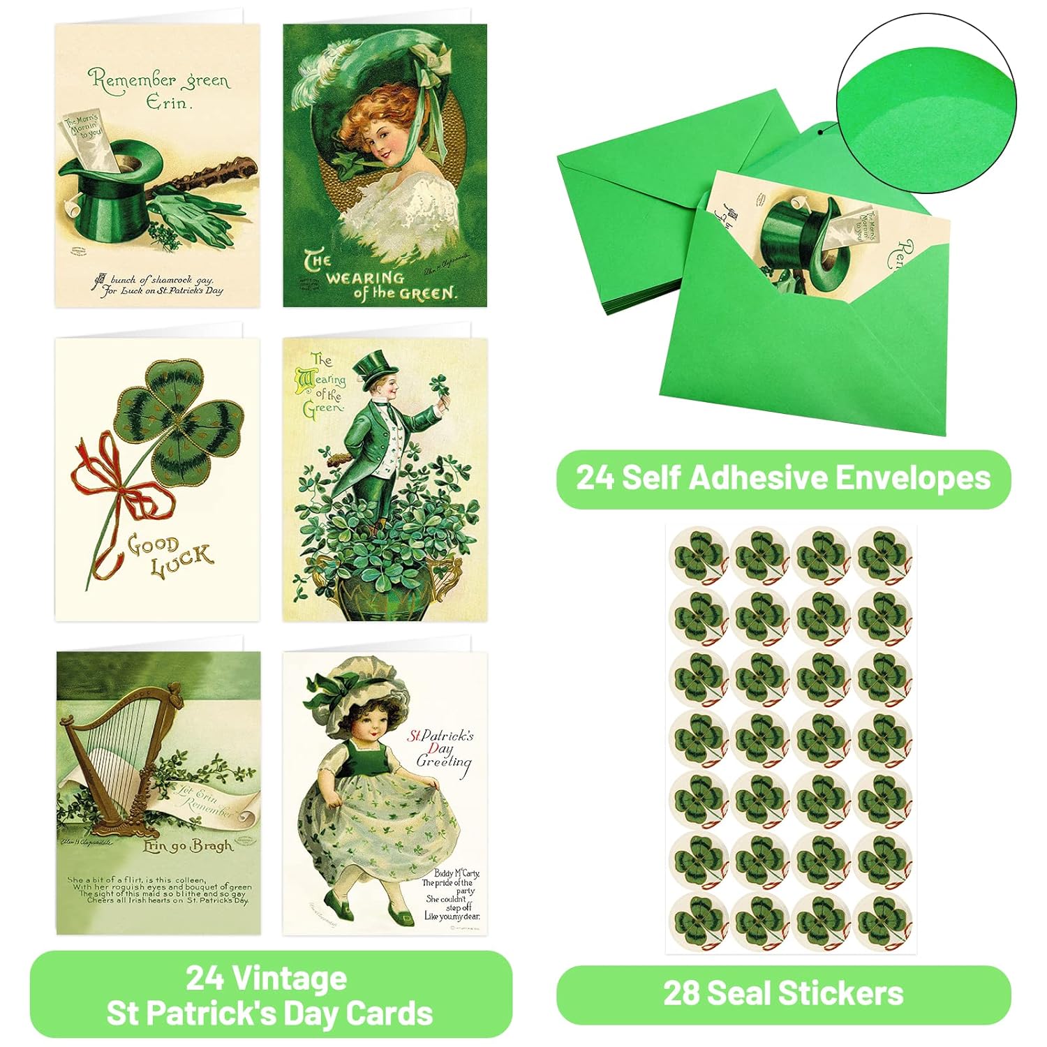 Treasure Cove St. Patrick's Day Card Set with Envelopes Green Shamrock Greeting Cards 24Pcs