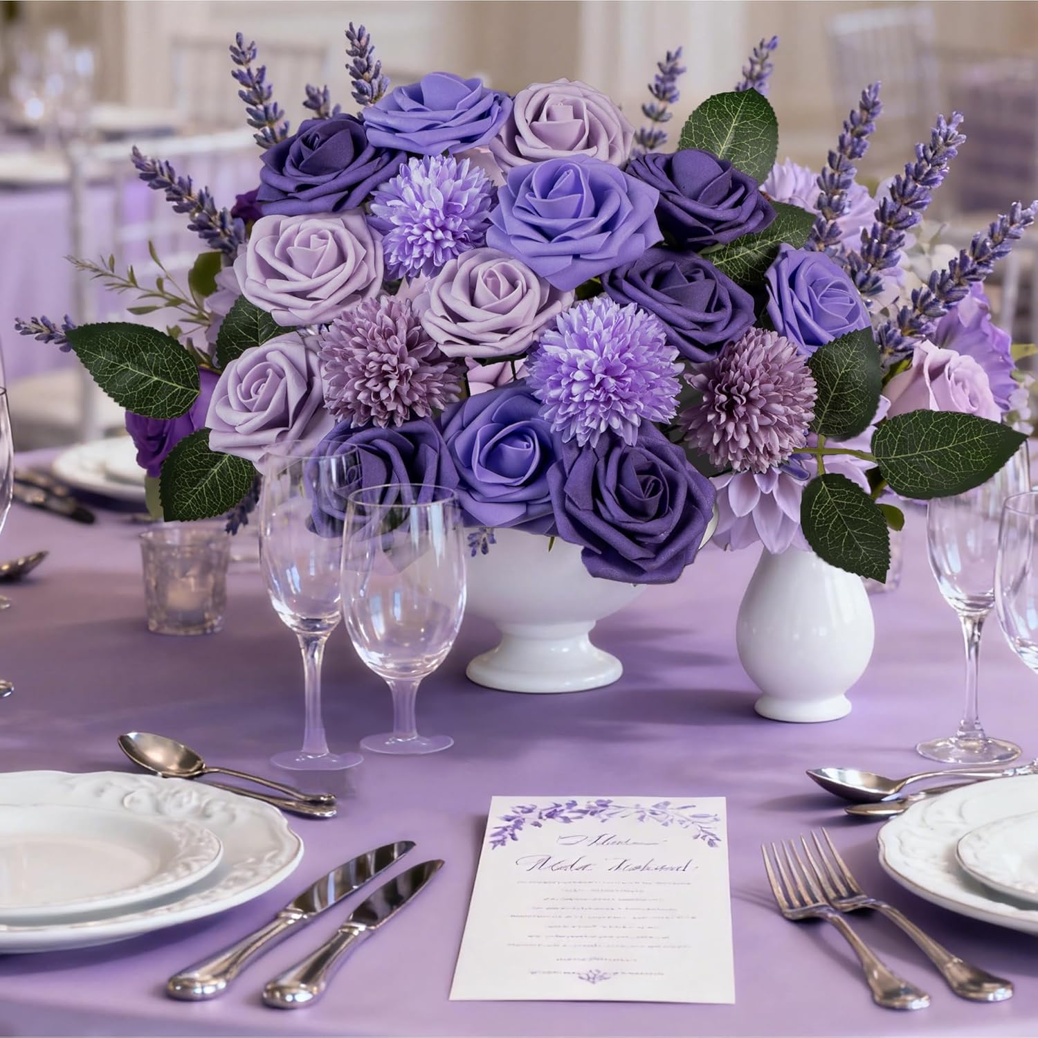Purple Flower Artificial Roses Faux Flowers With Stems Mix Fake Roses Dahlia Chrysanthemum Ball For Wedding Bridal Bouquets, Table Centerpieces, Baby Shower, Party, Home Decorations