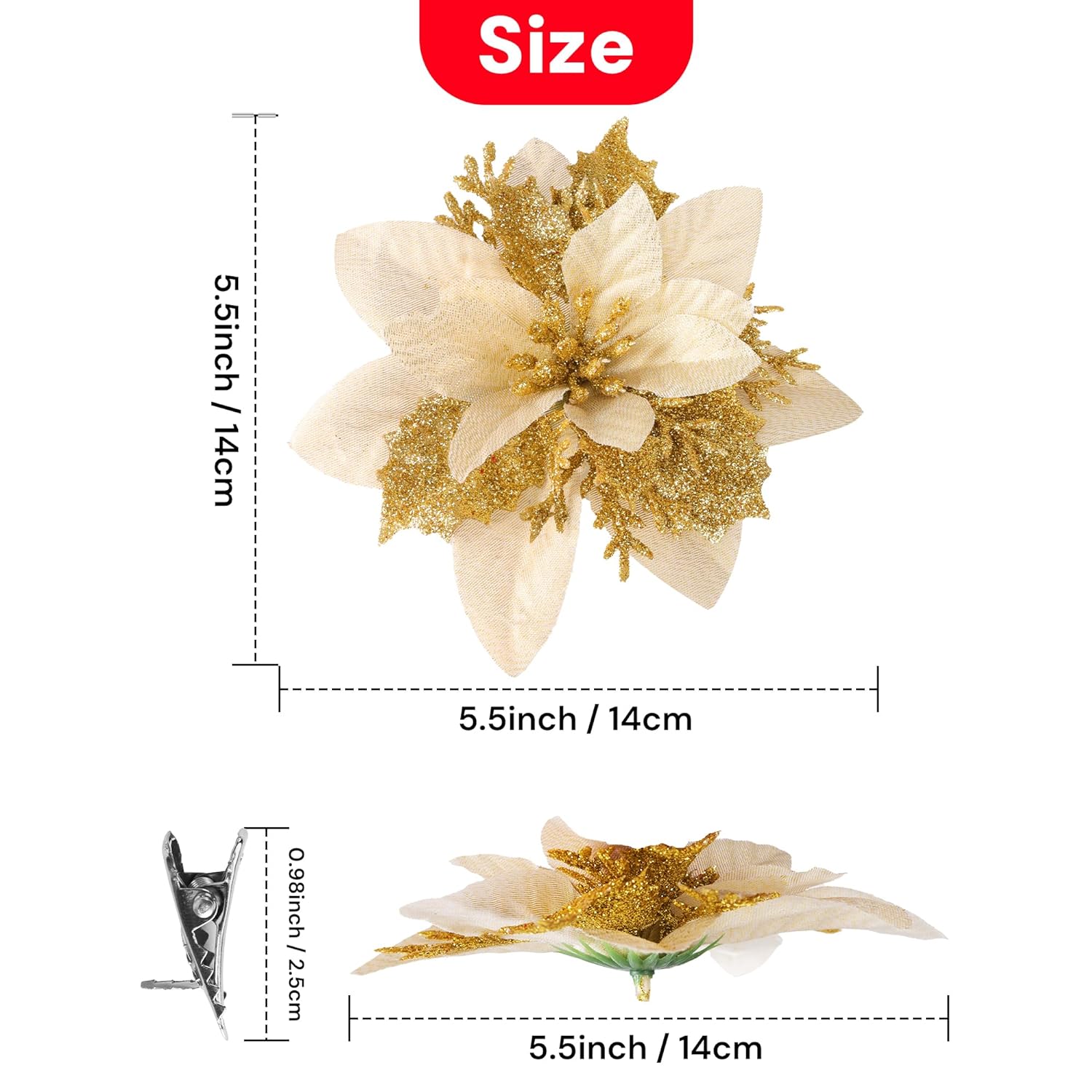 20 Pieces Poinsettia Flower Artificial Christmas Tree Decorations Wedding Flowers Glitter Xmas Tree Ornaments With Clips, 6-Inch Decor Wreath Garland Holiday Home Party Decor(Gold)