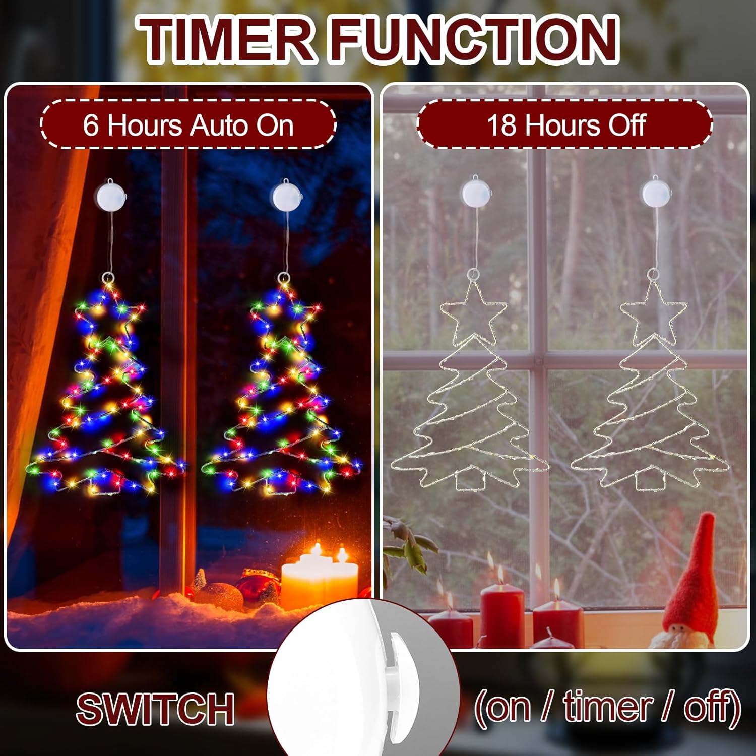 2Pcs Christmas Window Lights, Battery Powered Christmas Tree Lights Metal Framed Hanging Christmas Window Decorations Wi