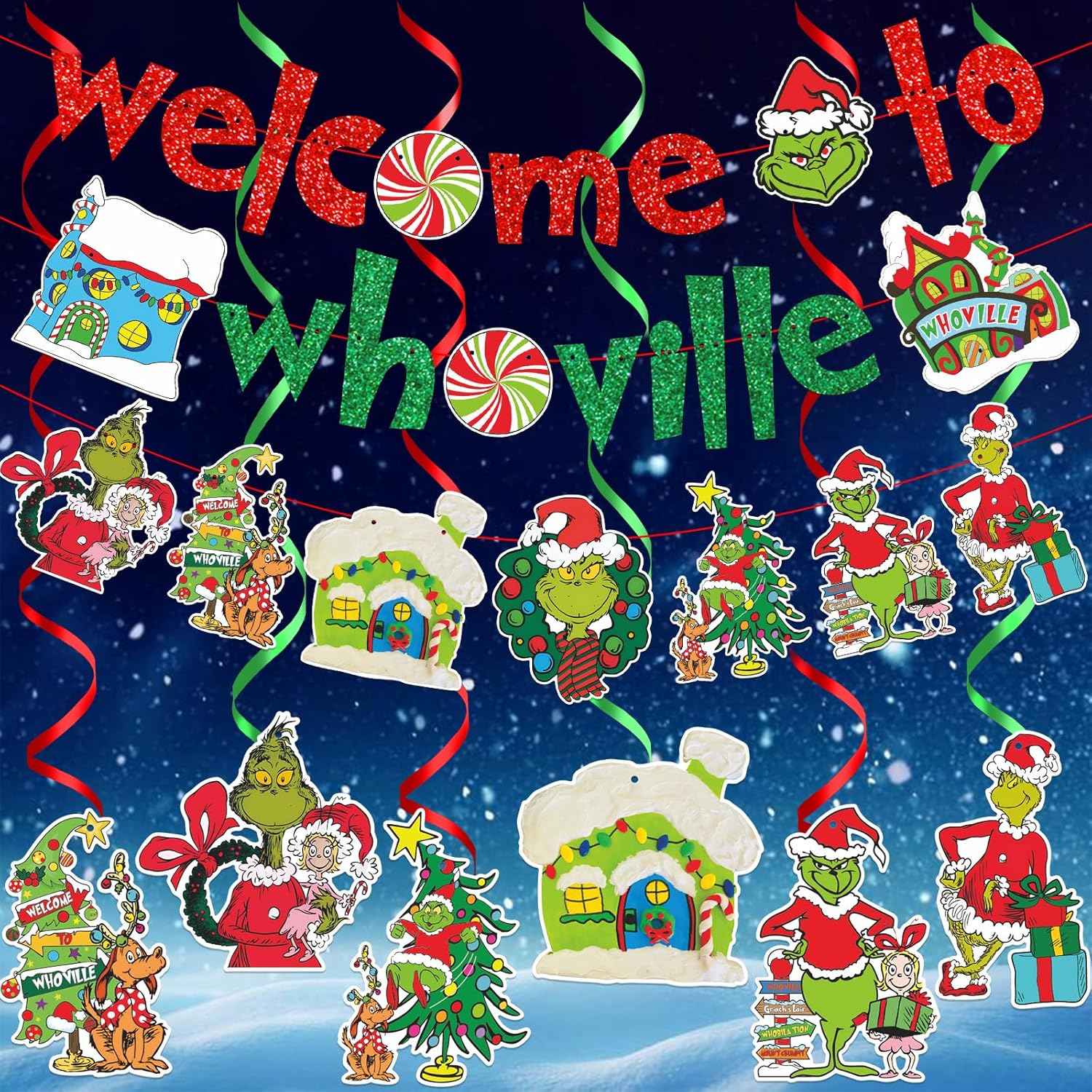 Red And Green Welcome To Whoville Banner And Christmas Hanging Decorations For Kids Boy And Girl Merry Christmas Decorations For Toy And Game
