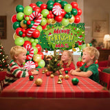 138 Pcs Christmas Balloon Arch Kit Christmas Balloon Garland With Merry Christ Mas Back Drop, Red Green Gold Latex Balloons And Red Candy Cane Lollipop For Xmas Party Decorations
