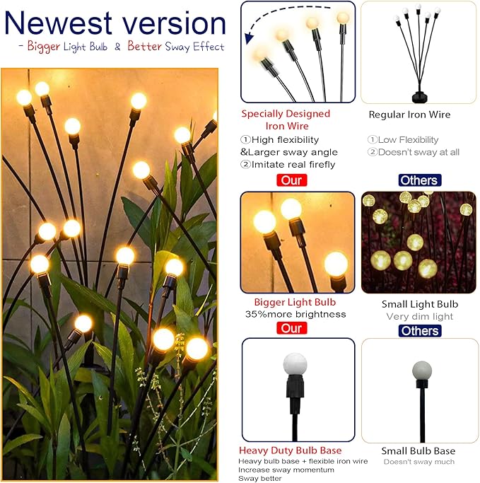 4 Pack Solar Swaying Garden Lights Warm White Outdoor Yard Patio Pathway Decor