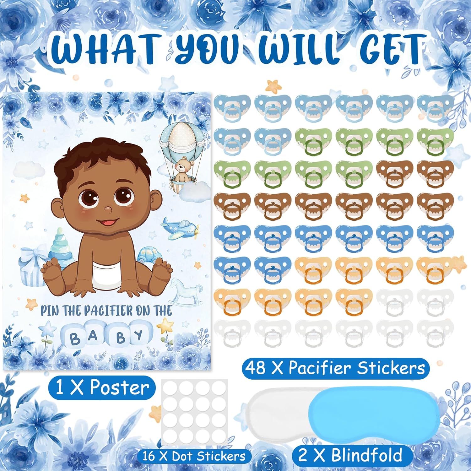 Pin The Pacifier On The Baby Game, Blue Baby Shower Party Decoration Include Large Poster With Blindfold 48 Pacifier Stickers Game For Blue Bear Birthday Party Supplies(Brown)