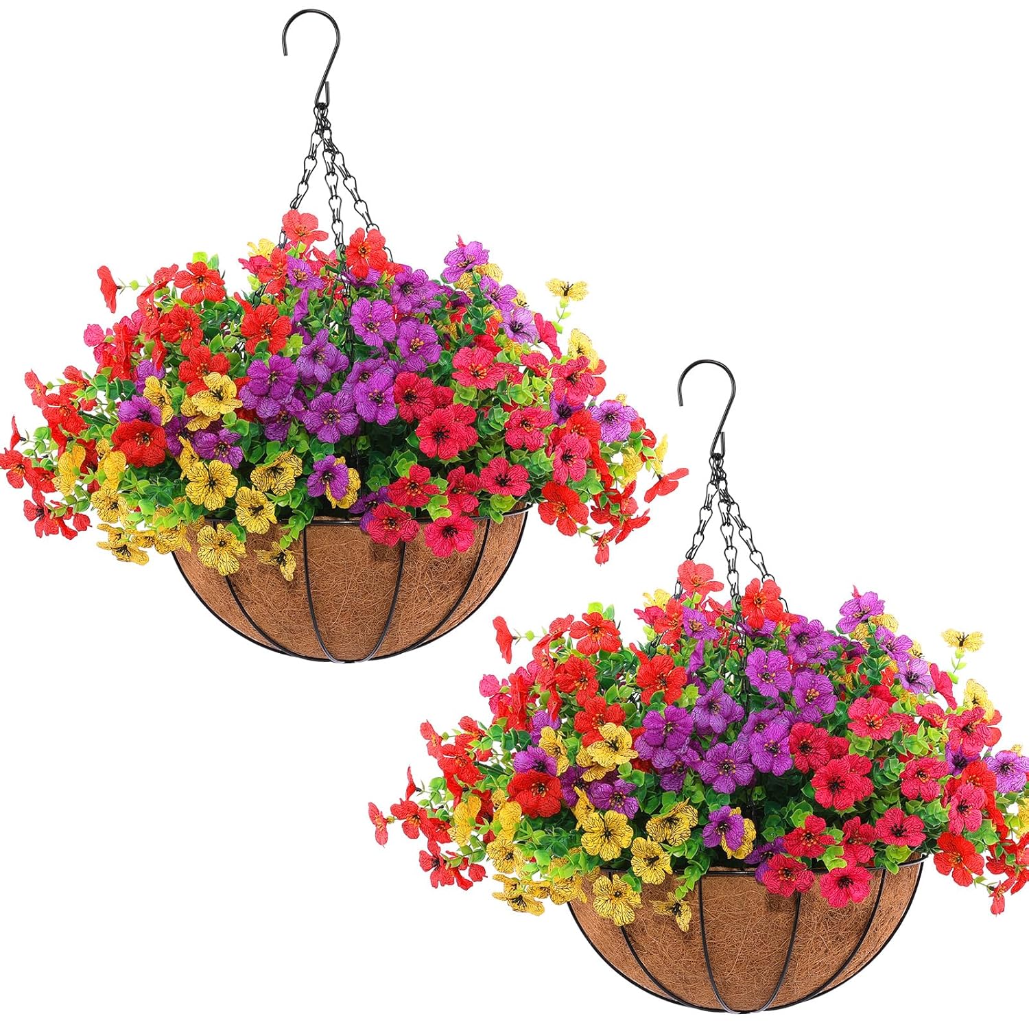 2 Set Artificial Outdoor Flowers With Hanging Basket, 2 Hanging Planters With 24 Pcs Flowers For Spring Summer Front Porch Garden Patio Home Decor (2, Red, Purple, Yellow, Rose Red)