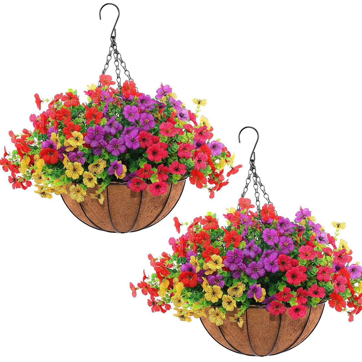 2 Set Artificial Outdoor Flowers With Hanging Basket, 2 Hanging Planters With 24 Pcs Flowers For Spring Summer Front Porch Garden Patio Home Decor (2, Red, Purple, Yellow, Rose Red)
