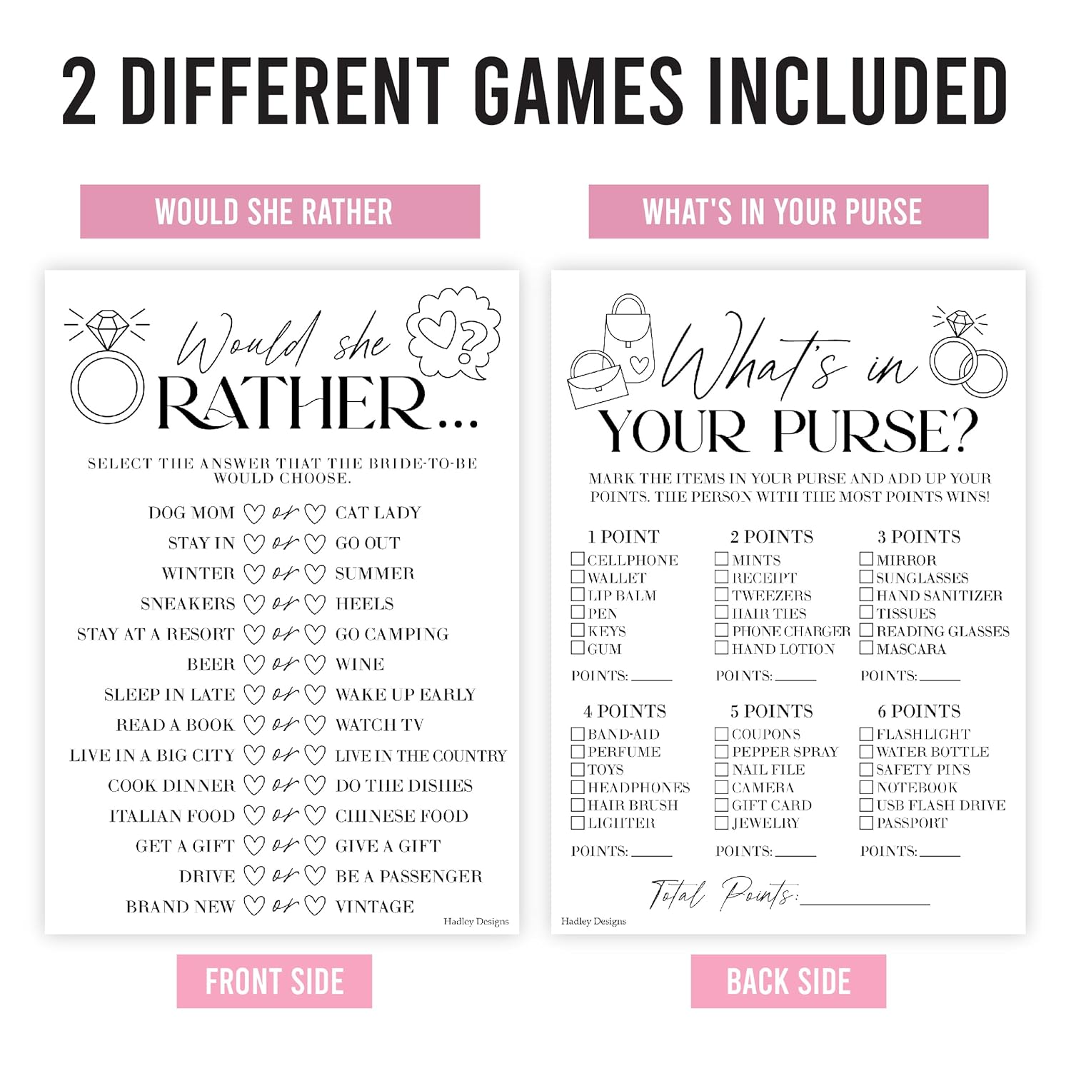 20 Minimalist Hilarious Bridal Shower Games For 20 Guests - Couples Wedding Shower Games, Would She Rather Bridal Shower Game Set, Whats In Your Purse Game Bridal Shower