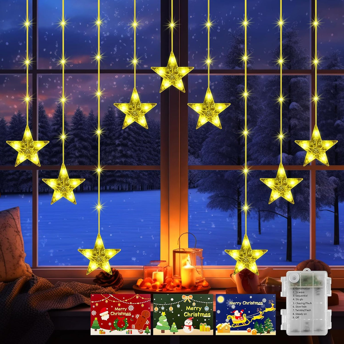 Christmas Window Lights With 3 Pcs Xmas Cards, 76Leds 9 Stars Curtain Lights Battery Operated With Timer & 8 Mode, Ip65