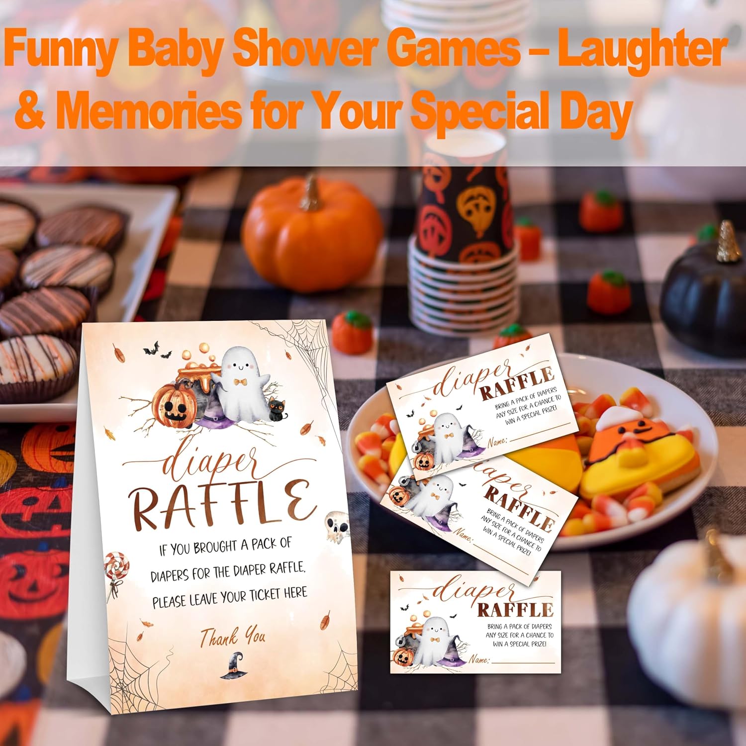 Halloween Baby Shower Games, Hilarious Diaper Raffle Tickets, Pumpkin Gender Reveal Game Cards For Baby Party Supplies, 1 Standing Sign + 50 Tickets - A07