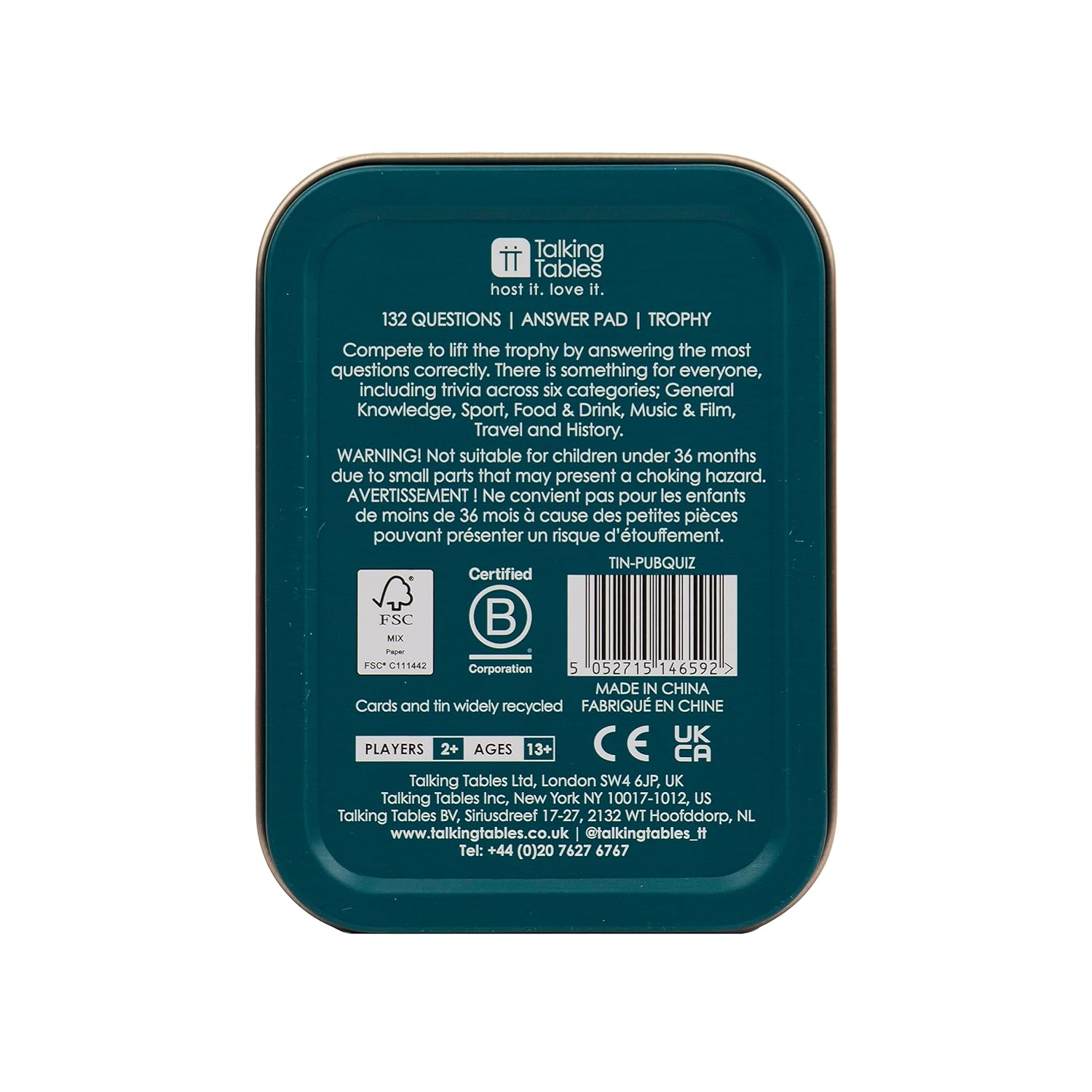 Pub Quiz Travel Game, Pocket Size General Knowledge Trivia For The Family To Play On A Journey Or At Home Packed In A Giftable Tin Case, Secret Santa Or Stocking Filler