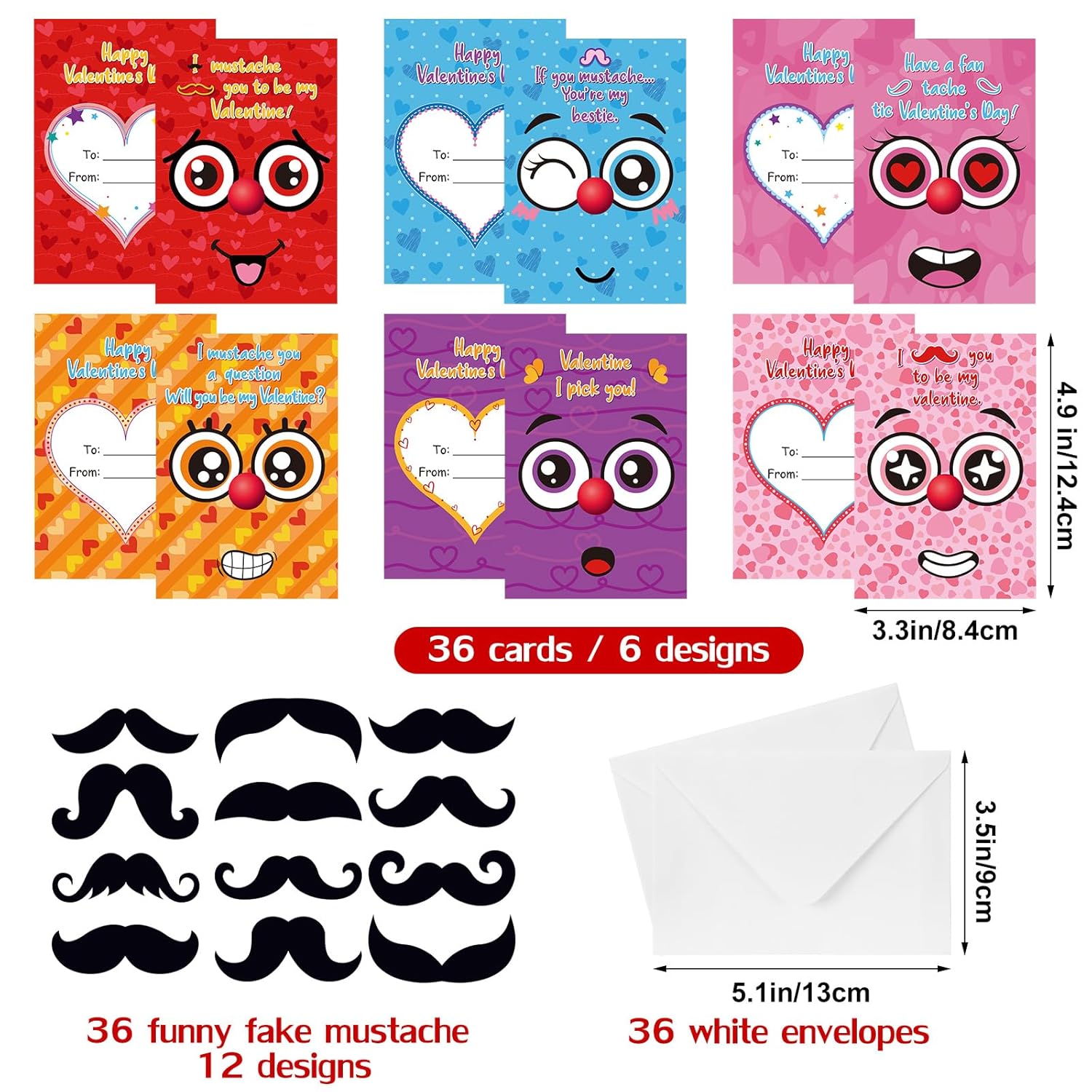 36 Set Valentines Day Gifts For Kids Valentine'S Cards With Funny Mustaches And Envelopes For Kids Classroom School Exchange Gift Valentines Party Favors