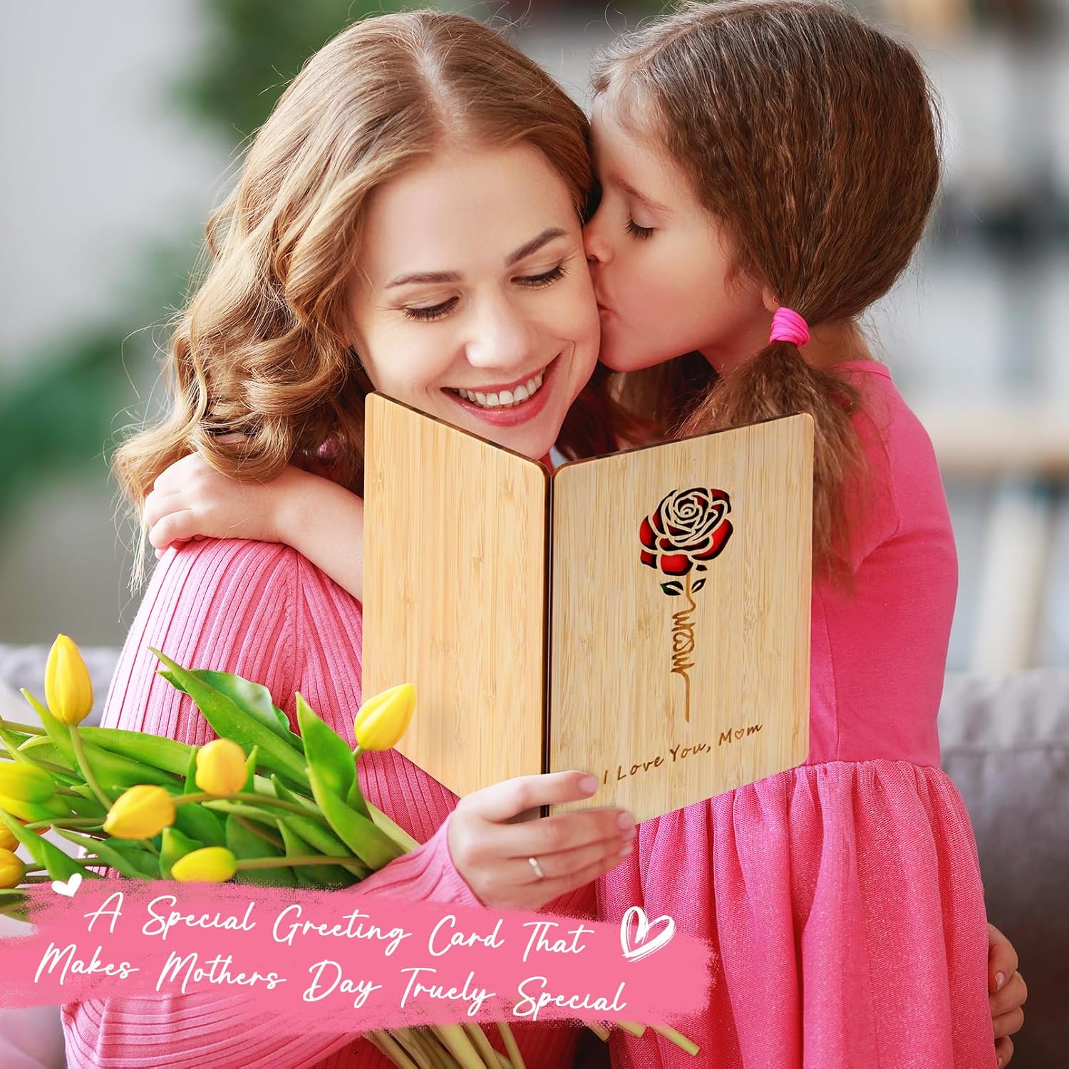Mom Birthday Card, Mothers Day Card, Mom Gifts From Daughter Son, Handmade Wooden Greeting Card With Stand And Red Envelop