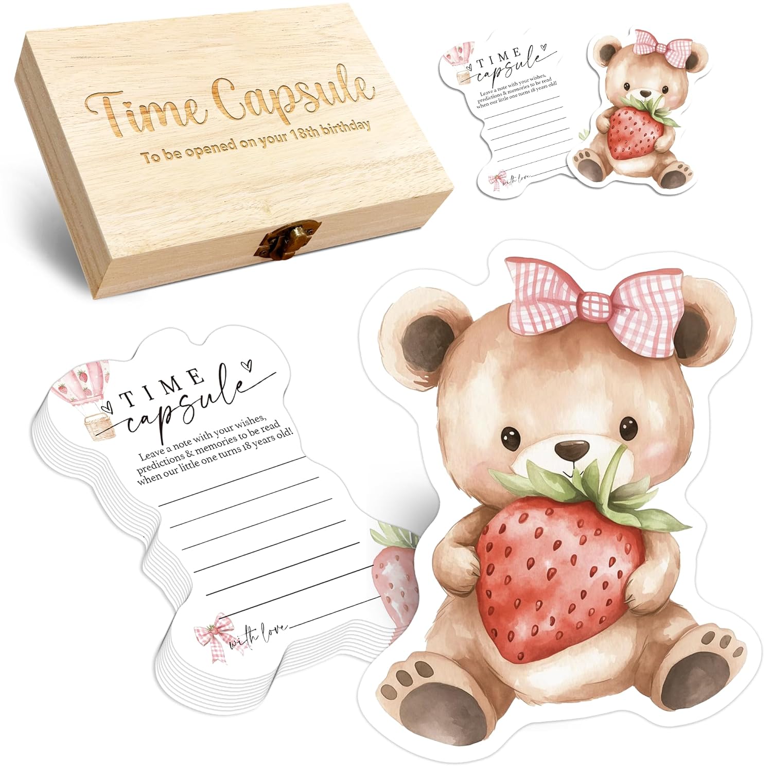 Baby Time Capsule Box 1St Birthday - Time Capsul For First Birthday Party Games, Guest Messages & Milestone Memories For Baby Boy Or Girl, 50 Pcs Strawberry Bear Theme Cards -A10