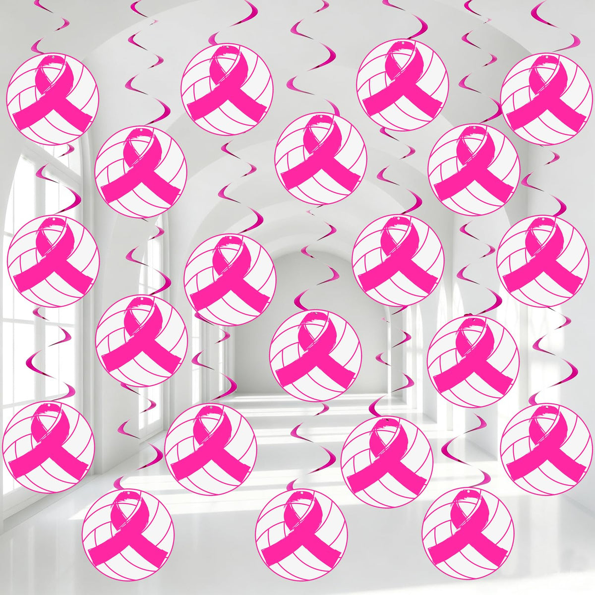 20Pcs Hot Pink Volleyball Party Decorations Volleyball Value Foil Swirl Ceiling Hanging Decor Pink Out Volleyball Ceiling Streamers Sport Theme Essentials for Breast Cancer Awareness Charity Events