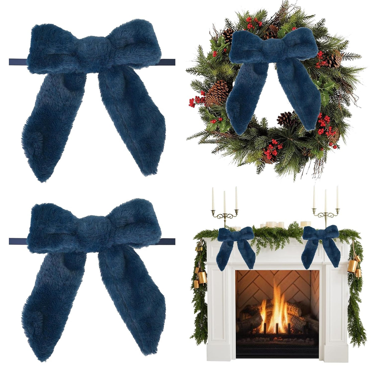 Navy Blue Bows 7''×9'' Christmas Bows For Gift Wrapping Faux Fur Present Bows Premade Bows For Christmas Trees Fireplaces Wreaths Staircases Crafts Home Outdoor Winter Decoration, 6 Pcs