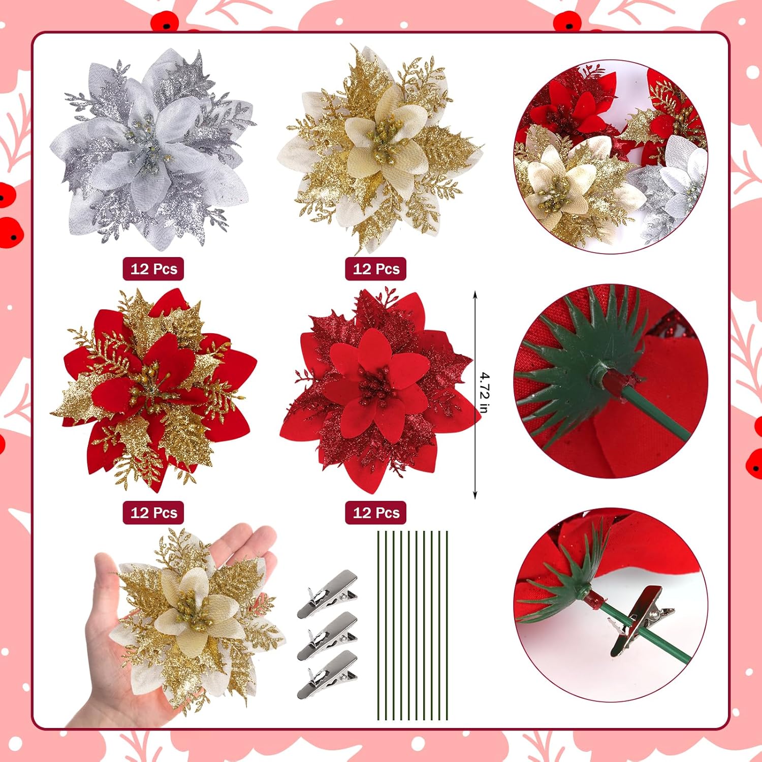 48 Pcs Christmas Poinsettia Artificial Flowers With Clips 5.5" Christmas Tree Wreaths Garland Decoration Glitter Flowers Picks Decor With Stems For Diy Xmas Wreath New Year Holiday Home Party Decor