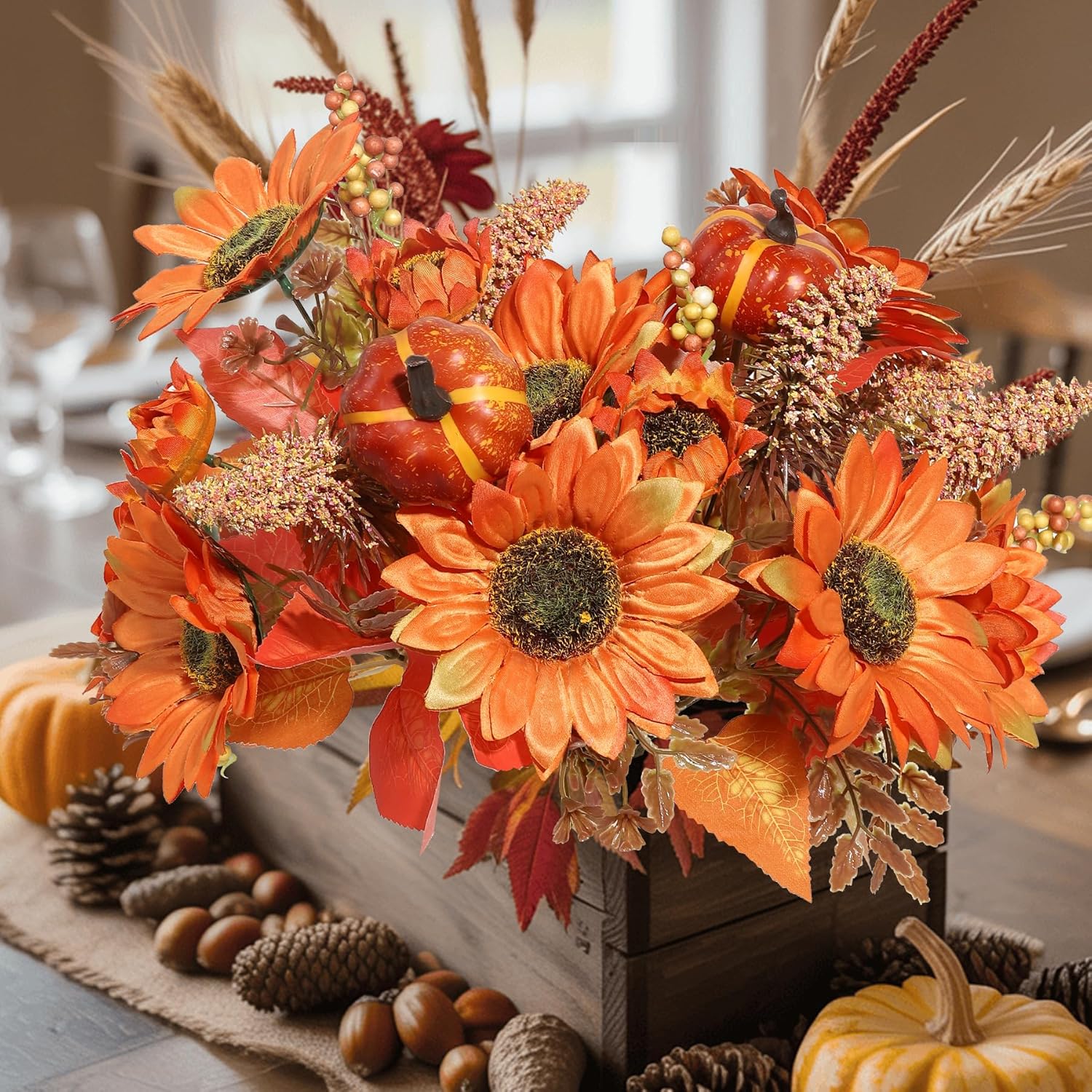 2Pcs Fall Flowers Artificial Sunflower With Pumpkins 13.78" Silk Sunflower Bouquets Floral For Home Farmhouse Table Centerpieces Autumn Thanksgiving Decor,Orange