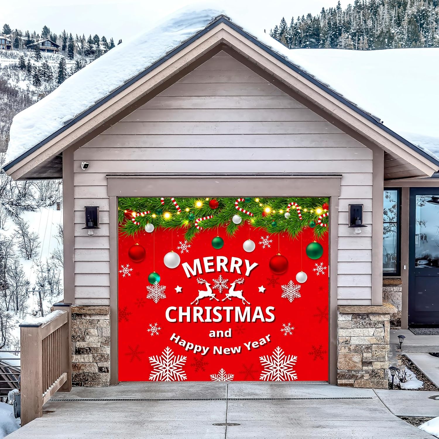 Christmas Garage Door Cover Mural 7X8 Ft - Red Xmas Banner Decorations Outside For Car Garage - Merry Christmas Holiday Banner
