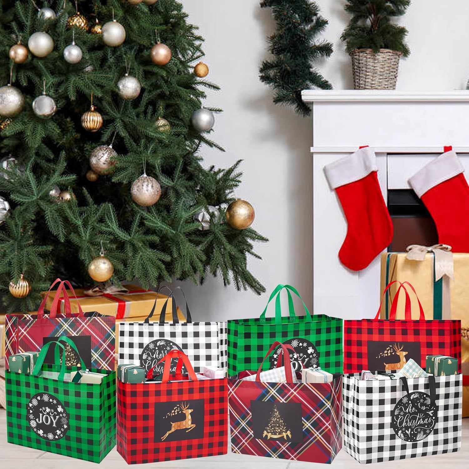 12Pcs Extra Large Christmas Gift Bags, 16.9 * 12.6 * 7.1”, Reusable Tote Bags With Handle Non-Woven Christmas Bags For Gifts Wrapping Xmas Holiday