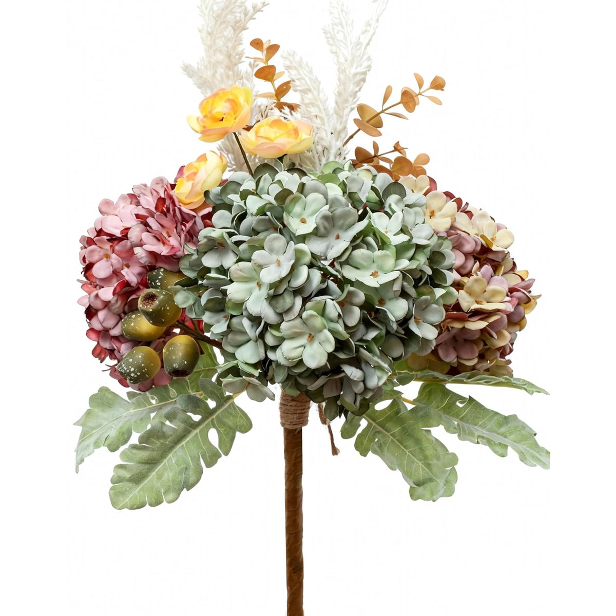 Hydrangea Artificial Flowers Bouquet, Pre-Arranged Fake Flowers Bouquet With Ranunculus, Eucalyptus, Pampas, Real Touch Silk Flowers For Centerpiece Shelf Table Wedding Home Decor