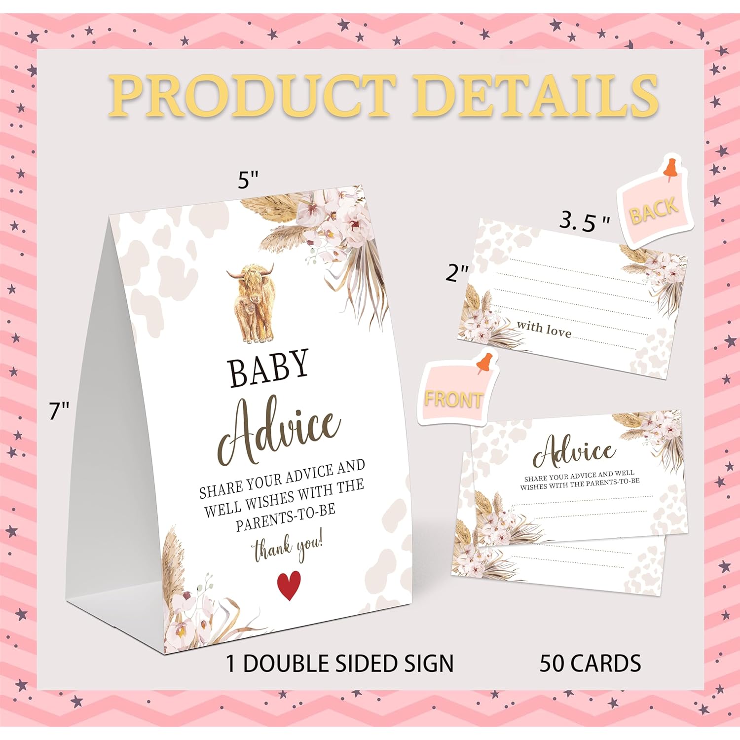 Boho Cow Advice For The Parents-To-Be, Pack Of One 5X7 Sign And 50 Advice Cards, Cow Baby Shower Decoration, Gender Neutral Party Supplies - Ac05