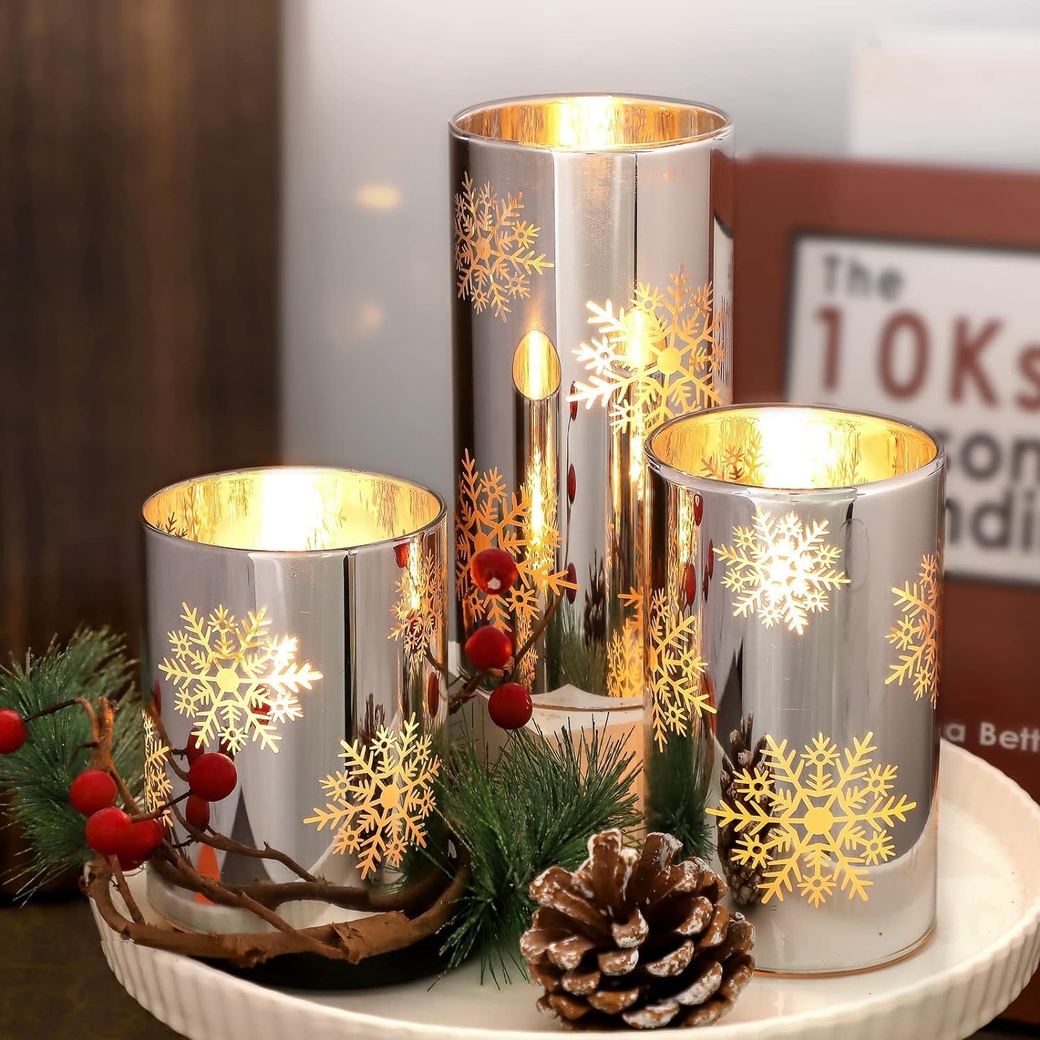 Snowflake Led Flameless Candles With Remote And Timer, Electroplate Glass Candles Operated By Battery, Christmas Led Flickering Candles Decoration For Bedroom, Party, Wedding