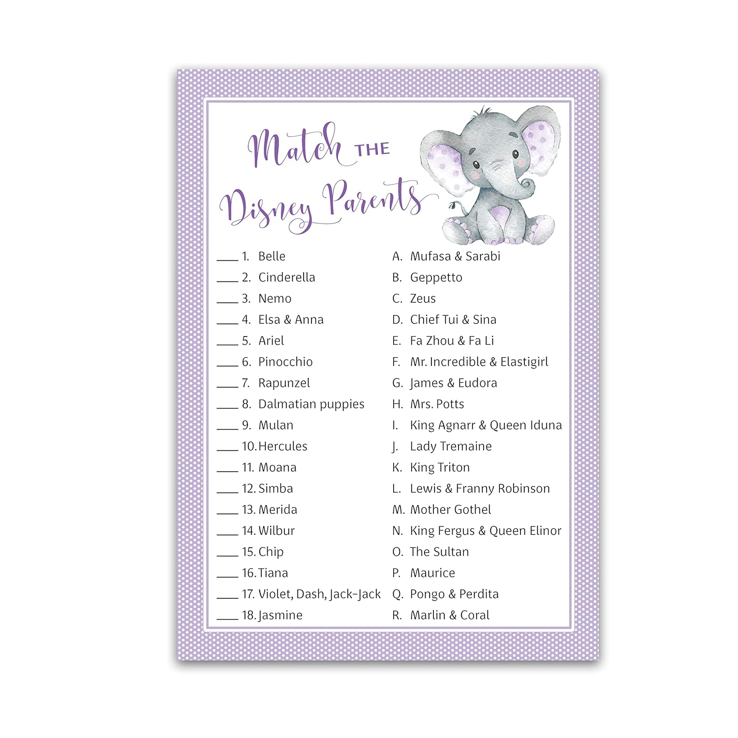 Gender Neutral Baby Shower Game — Cartoon Parent Match Game — Pack Of 25 — Purple Elephant Baby Shower Game, Match Famous Cartoon Parents Fun Shower Activity, Star Kids Match Game G503-Dpm