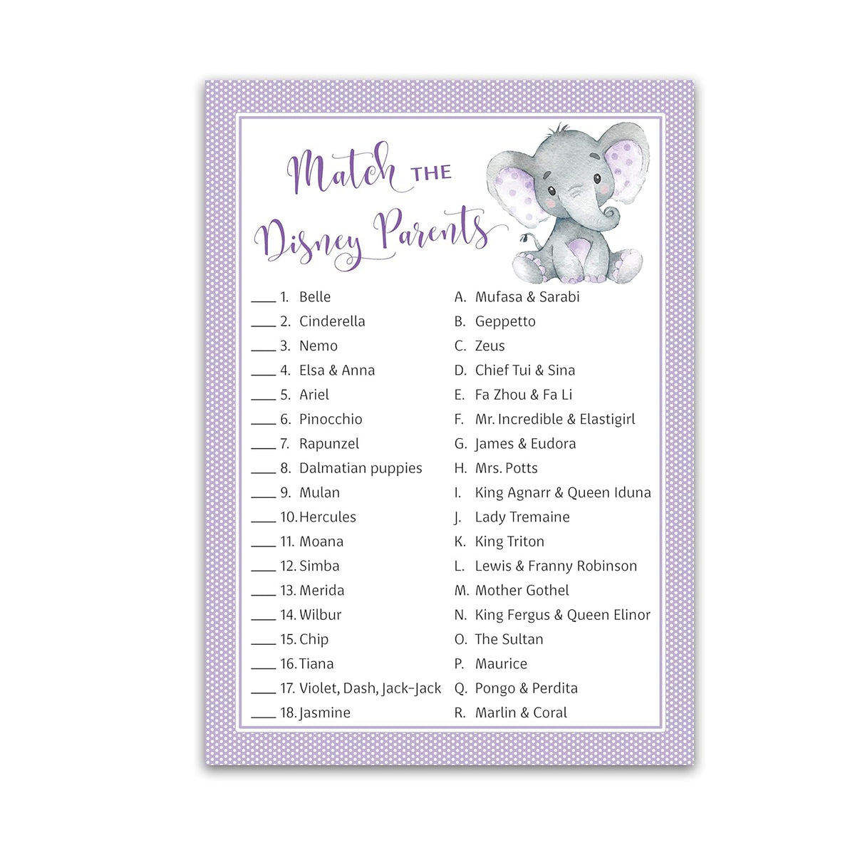 Gender Neutral Baby Shower Game — Cartoon Parent Match Game — Pack Of 25 — Purple Elephant Baby Shower Game, Match Famous Cartoon Parents Fun Shower Activity, Star Kids Match Game G503-Dpm