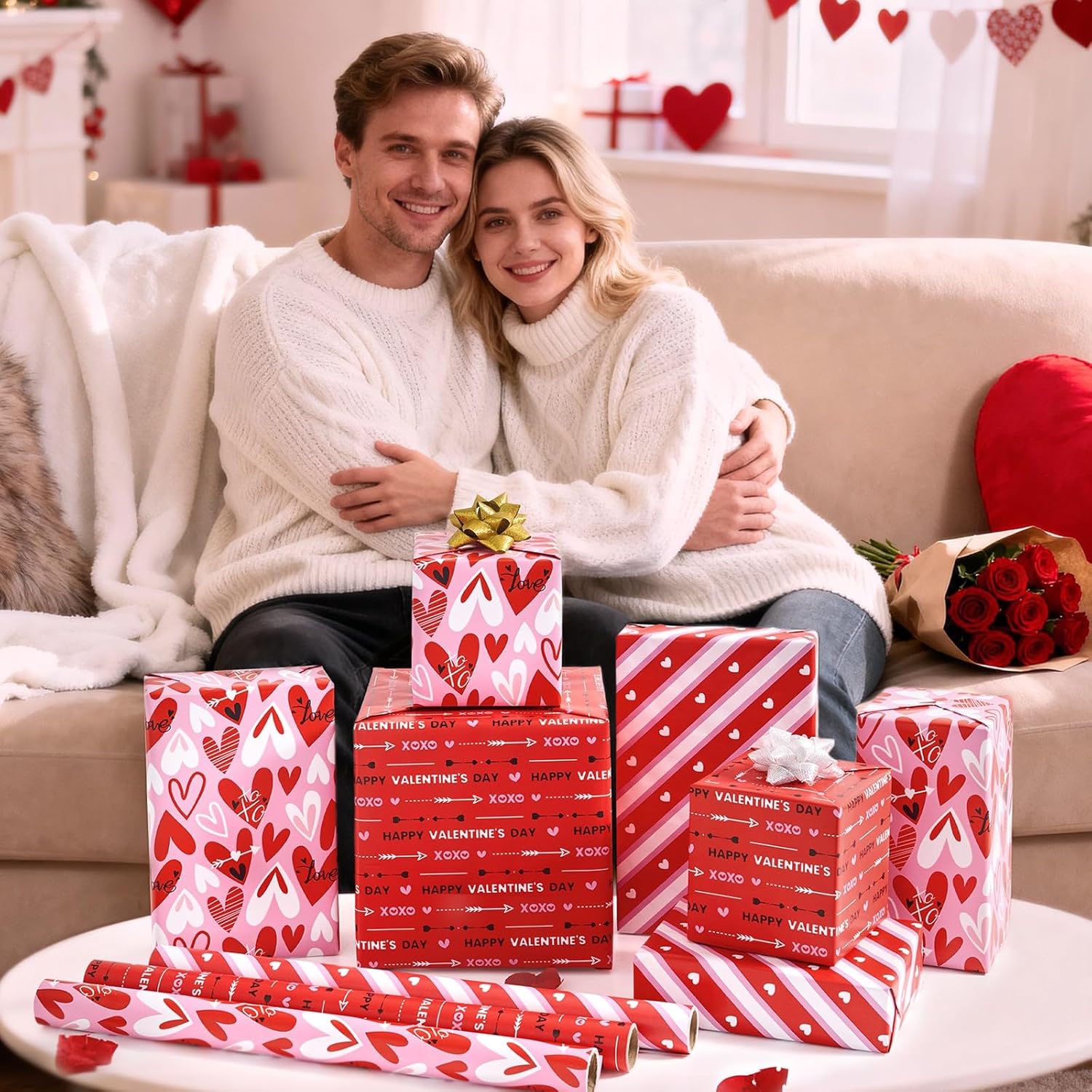 Valentines Wrapping Paper Rolls - 3 Roll 17”X 120” Happy Valentines Day Gift Wrap Supply Red Love Heart Stripe Design Girls Princess Style For Women Valentine Date Favor