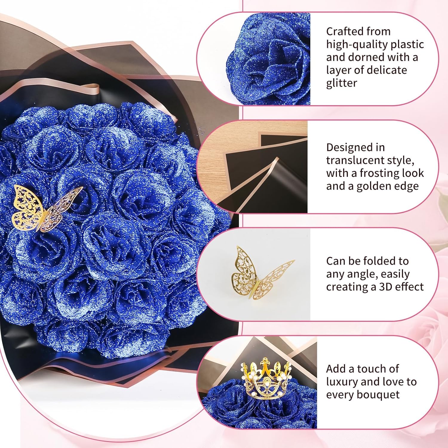Glitter Roses Bouquet, 24 Roses Diy Fake Glitter Flowers Bouquet, Everlasting Shiny Artificial Red Rose Bouquet For Mothers Day Gifts, Anniversary, Engagement, Wedding (Blue)