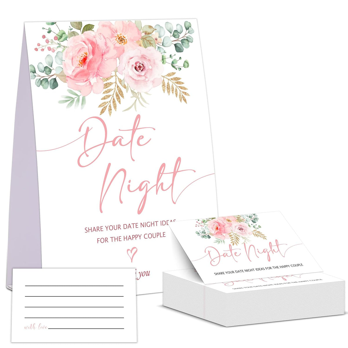 Blush Pink Floral Date Night Game, Date Night Ideas Sign With 50 Cards, Bridal Shower Game, Modern Bridal Shower Decorations, Wedding Date Night Advice - 08