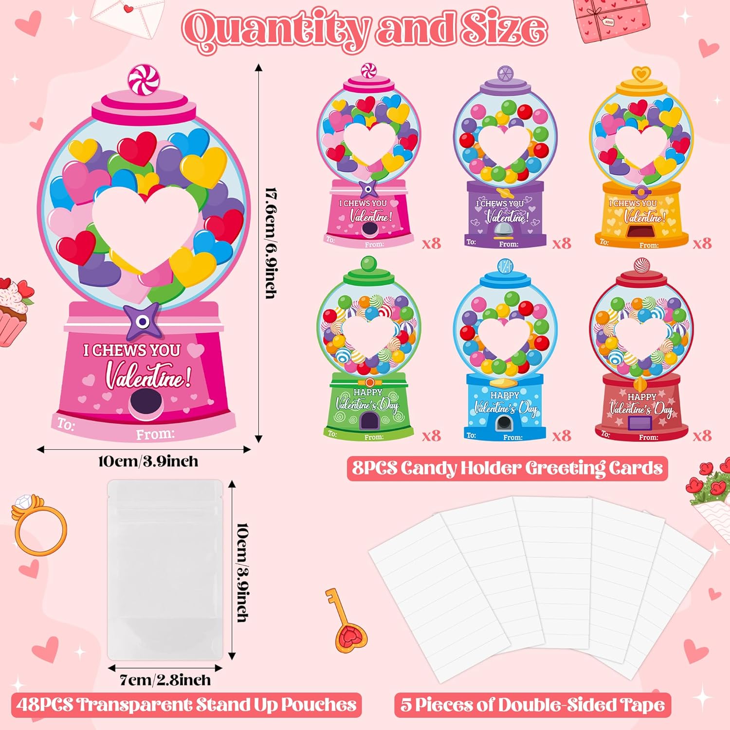 48 Set Valentines Day Gumball Machine Candy Holder Greeting Card, Funny Exchange Card Bulk With Treat Bag For Kids Classroom Activities, Diy Exchange Gift For Boy Girl Valentines Party Favors
