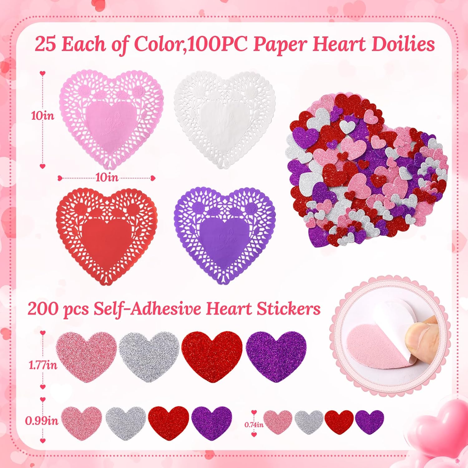 300Pc 10X10" Valentines Day Craft Gift Large Paper Heart Doilies With 100Pc Heart Shaped Doilies Lace Heart Doily Envelopes 200Pc Glitter Foam Heart Stickers For Valentines Day Wedding Party(10 Inch)