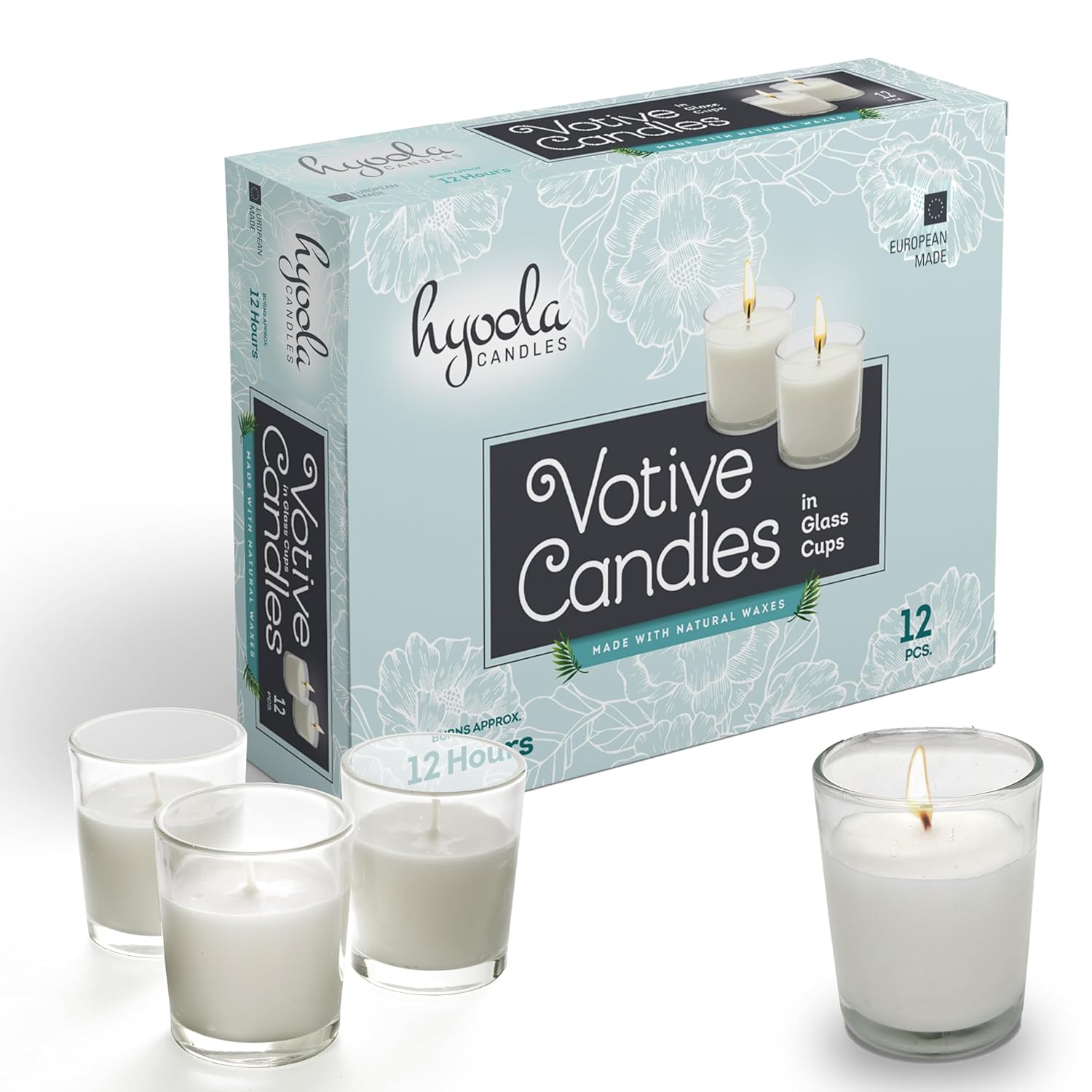 White Votive Candles In Glass - Pack Of 12 Votive Candle - 12 Hour Burn Time - Unscented Votive Candles - European Made Glass Votives
